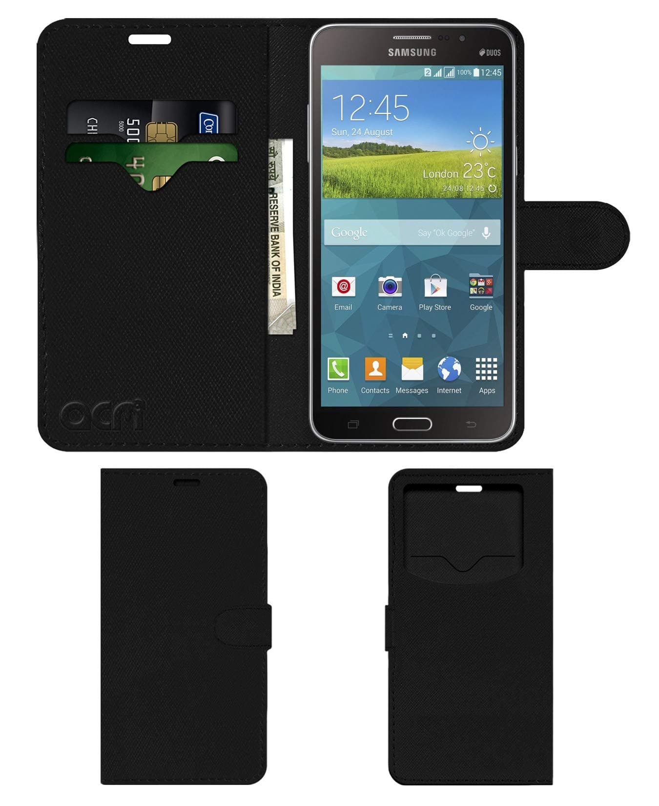 ACM Leather Window Flip Wallet Front & Back Case Compatible with Samsung Galaxy Mega 2 Mobile Cover Black