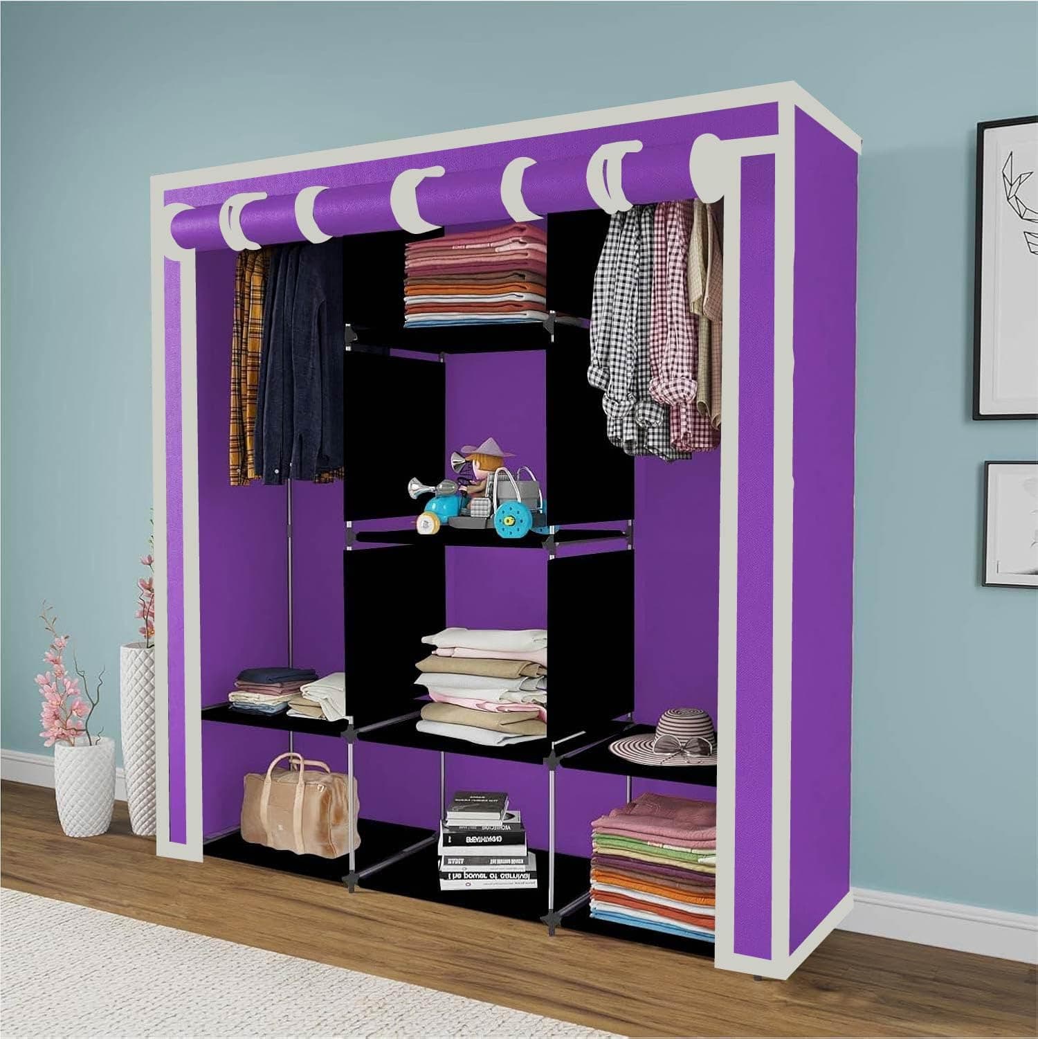 Maison & Cuisine Collapsible Wardrobe Closet for Clothes Almira, 2 Hanging Space, 8 Shelves Non-Woven Fabric 90 GSM (88230) (Purple)