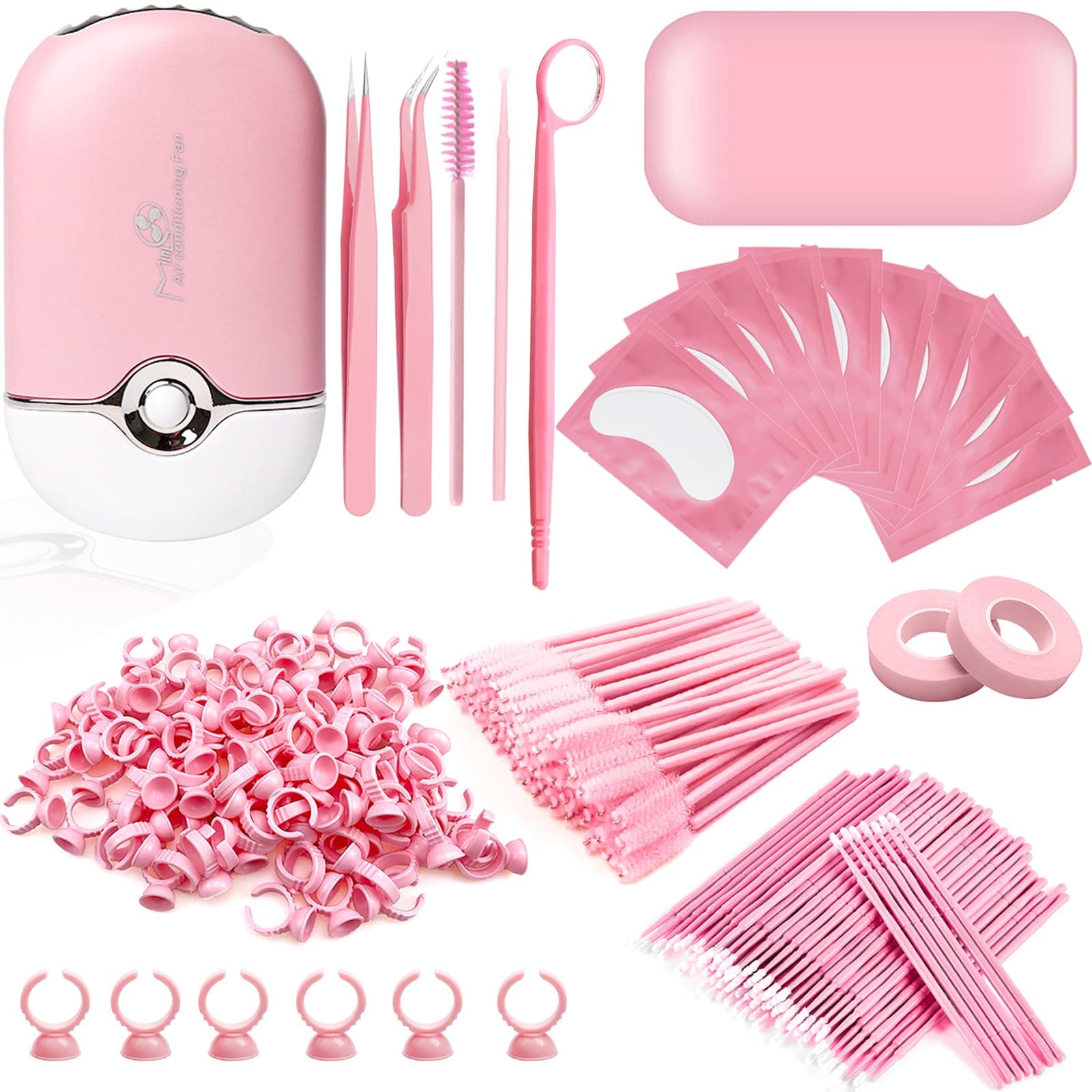 267 PCS Eyelash Extension Supplies Lash Extension Kit USB Air Conditioning Blower,Silicone Pad,Under Eye Gel Pads,Mini Makeup Mirror,Tapes,Tweezers,Glue Rings,Eyelash Brushes,Mini Applicator
