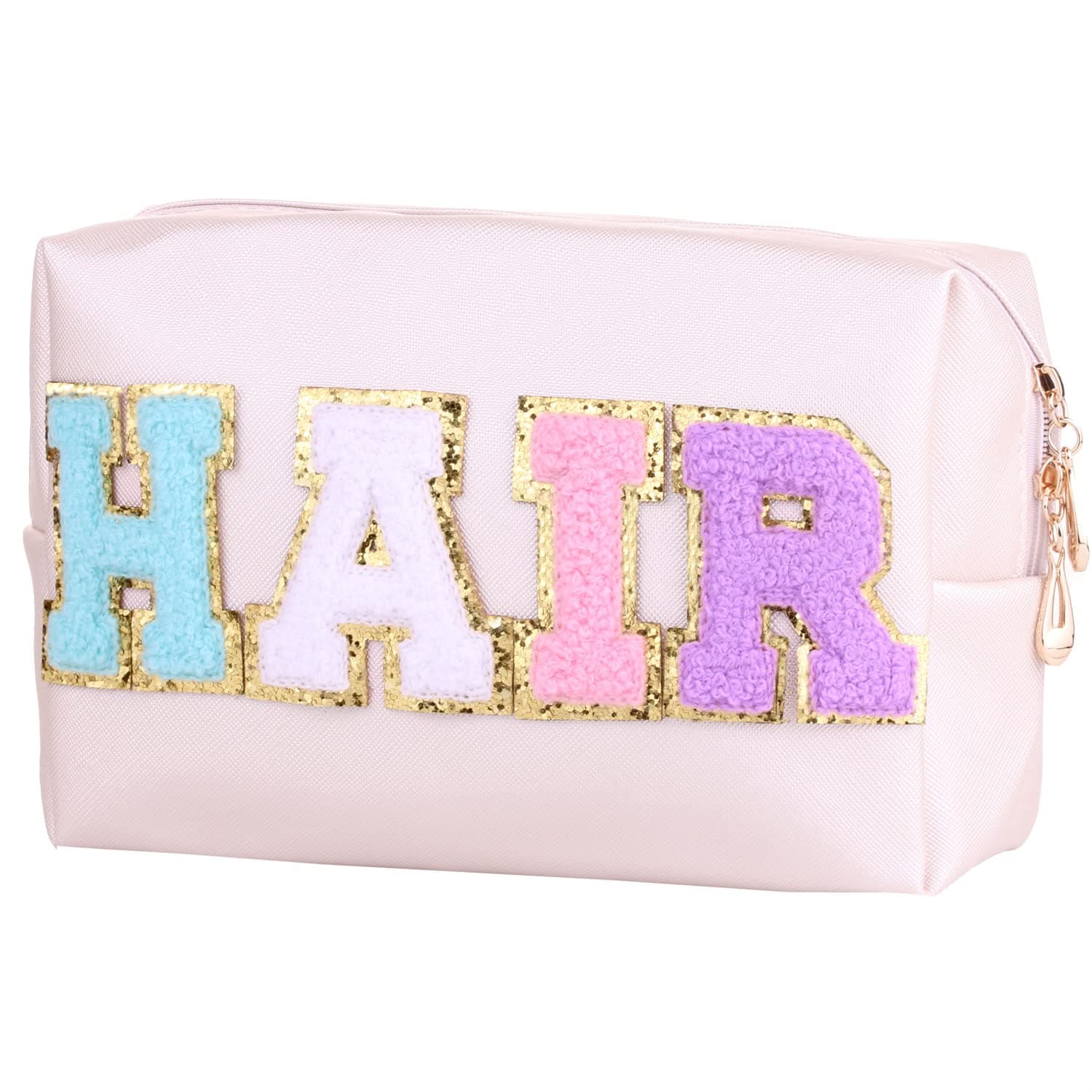 Preppy Patch Cosmetic Toiletry Bag for Women Girls SKIN Letters PU Leather Portable Makeup Bag Zipper Pouch Storage Purse Waterproof Organizer for Travel