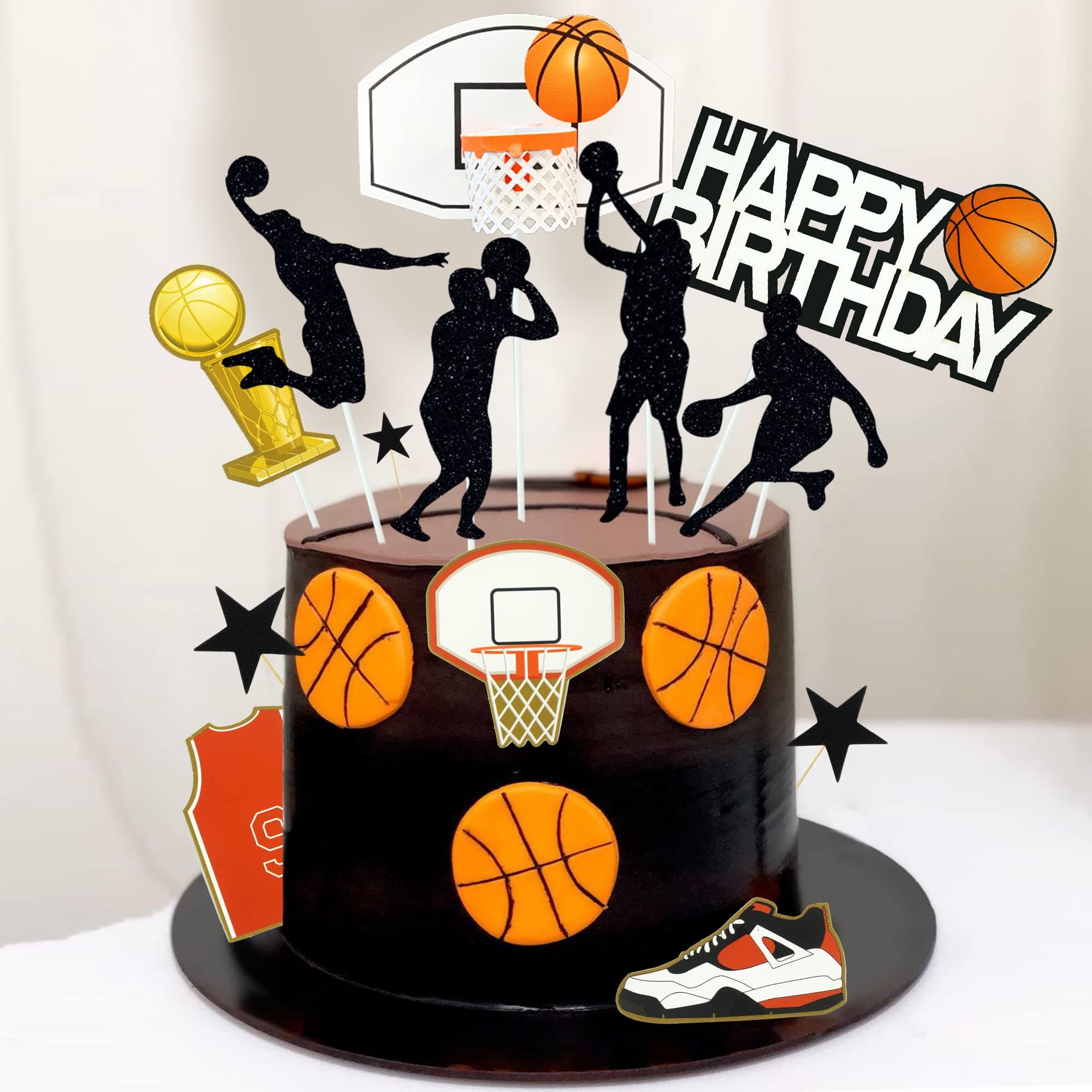 DRWATE Basketball Cake Toppers, 19pcs Basketball Theme Cake Decoration for Boy's Birthday Party, Orange