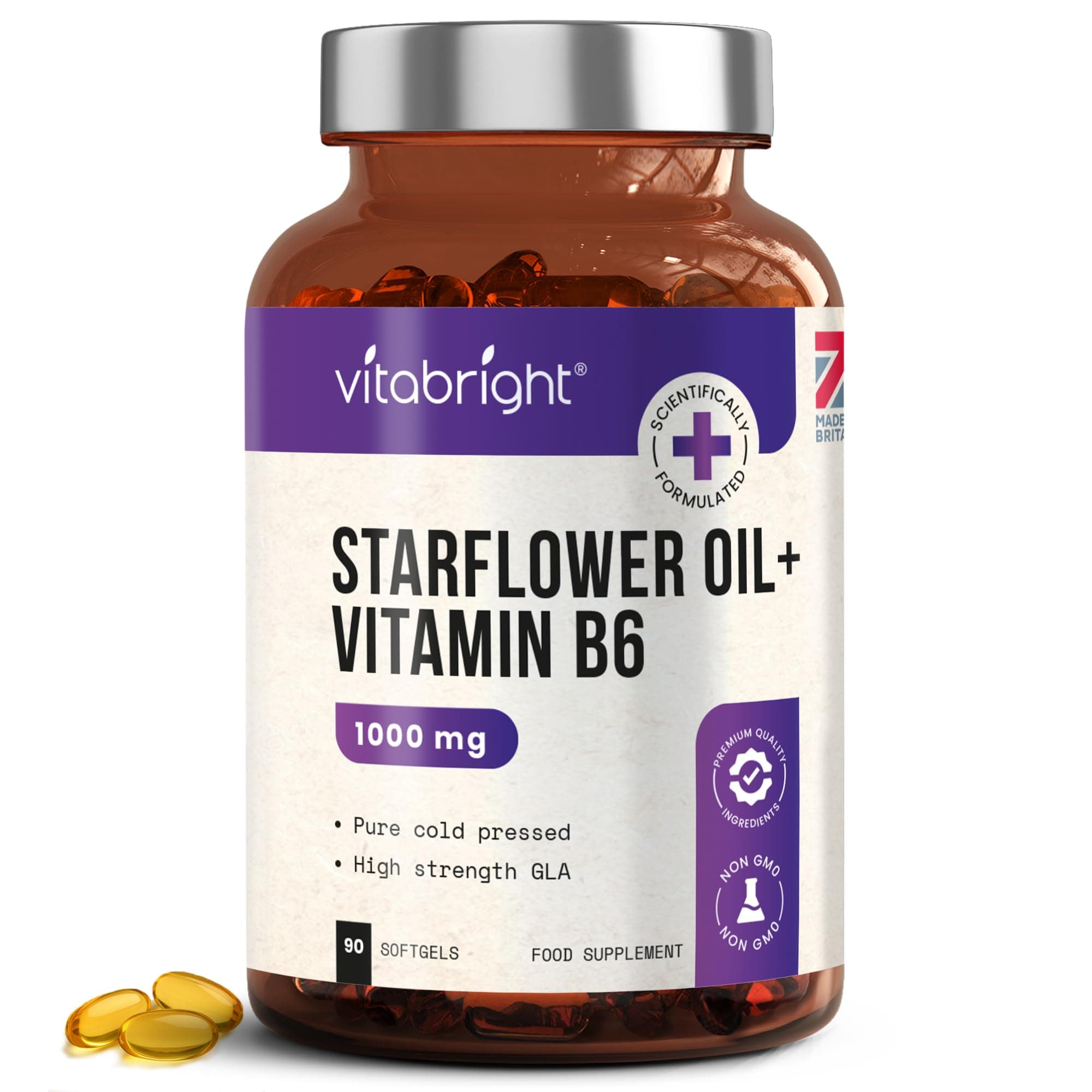 Starflower Oil Capsules 1000mg | 3 Months High GLA Borage with Vitamin B6 | Cold Pressed Star Flower Oil Softgels | Vitabright Starflower Supplement High Strength