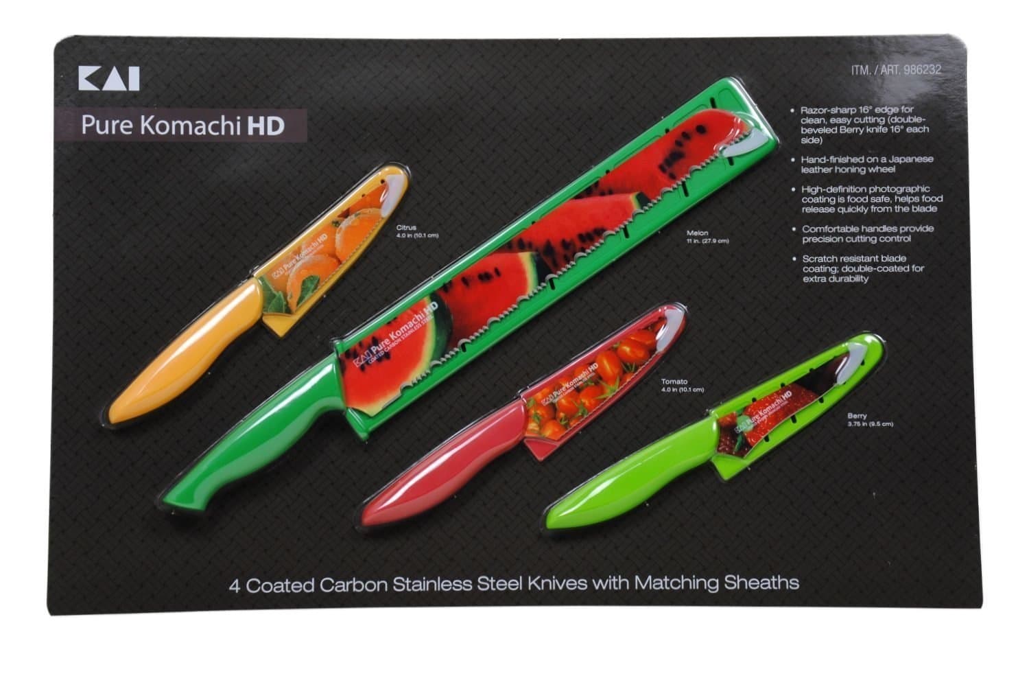 4 Coated Carbon Stainless Steel Knives with Matching Sheaths (Melon, Citrus, Tomato, and Berry)