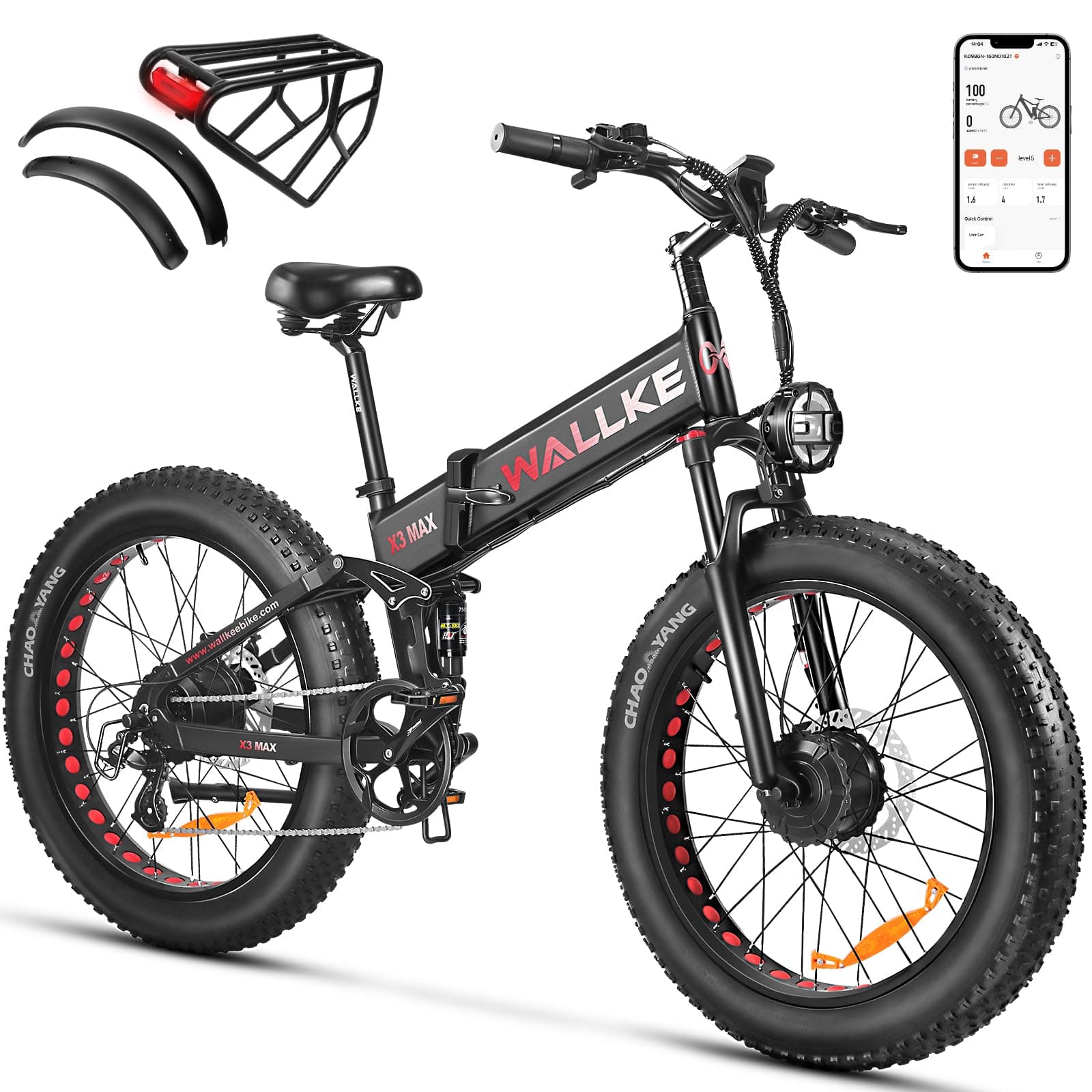 W Wallke X3 Pro Electric Bike 2000W Dual Motor Full Suspension 1056WH Foldable 26 Inch Fat Tire Mountain Ebikes for Adults 34-35MPH Fast Electric Bicycle APP Control, UL2849 Certified, Black