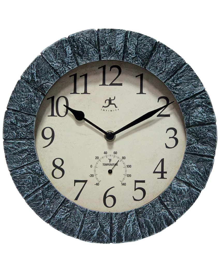 Stone Indoor/Outdoor Wall Clock Waterproof Large Display 10 inch Battery Operated Slate Clock with Thermometer Decorative Clocks for Pool, Patio, Outdoors, Living Room, Kitchen, Bathroom
