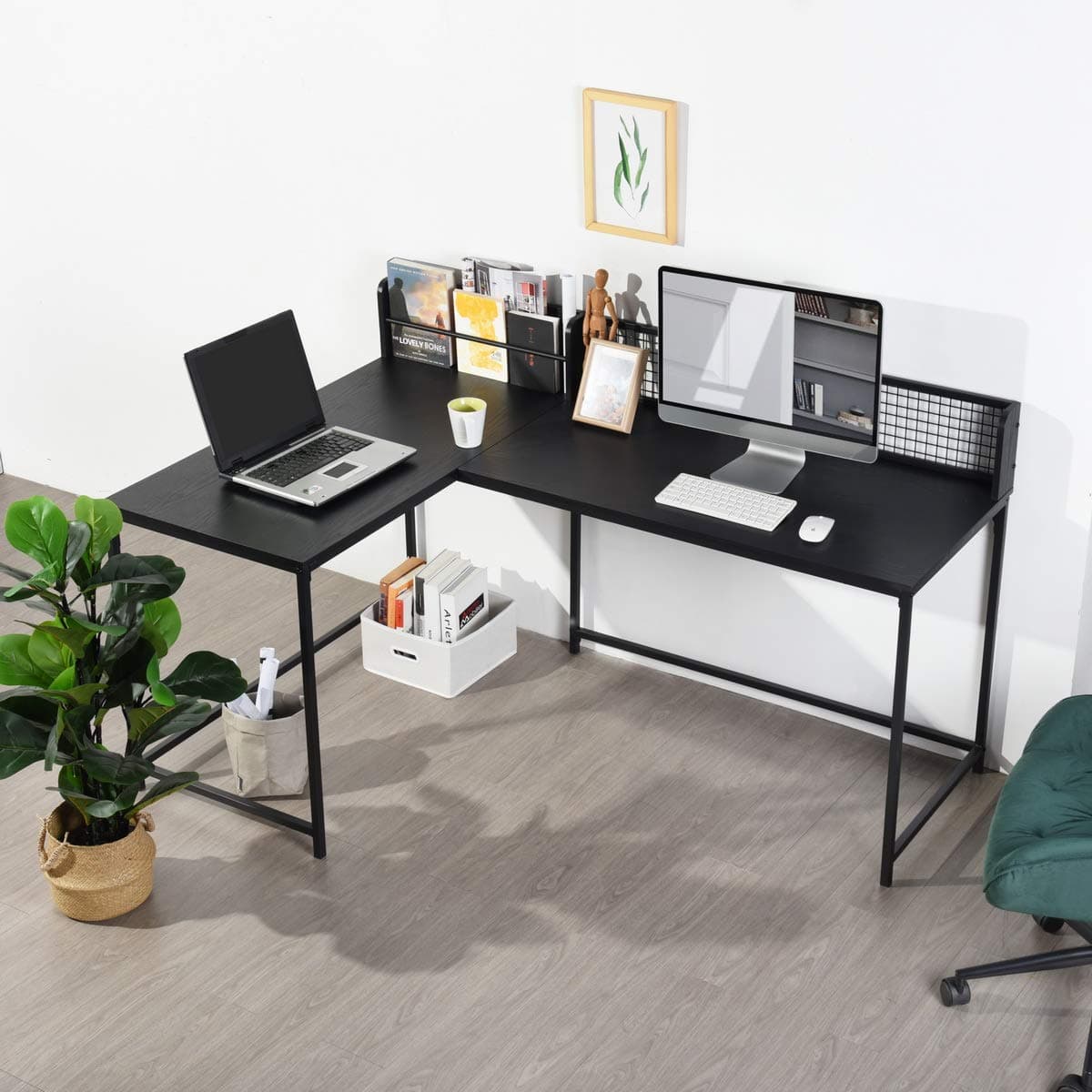 Homy Casa L Shaped Corner Desk 165 * 110cm Computer Workstation Industrial Style Gaming Desk Writing Table for Home Office Study, Easy to Assemble and Space saving, Black