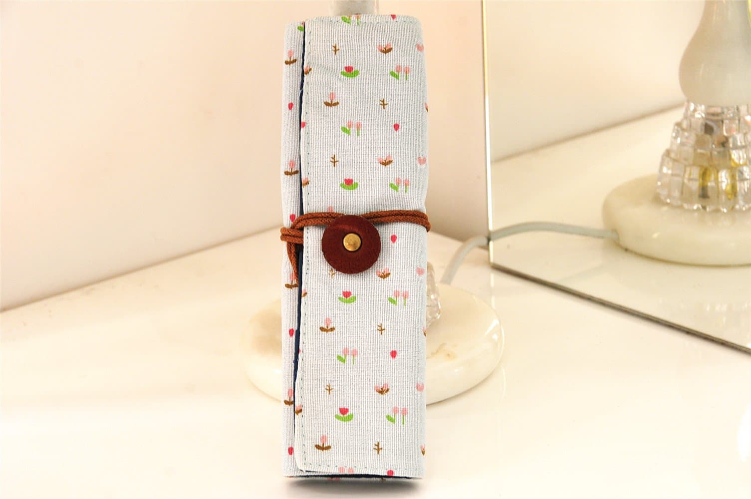 Fintlez cotton and linen floral blue roll pen bag