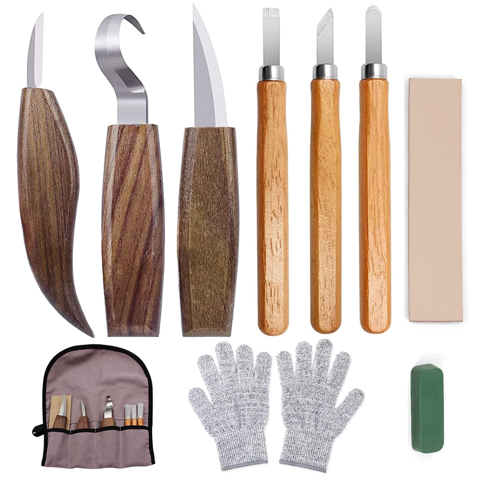 TERRIFI 10Pcs Wood Carving Kit, Convenient Tools Set Cut Resistant Gloves Spoon Carving Hook Knife, Wood Carving Whittling Knife, Chip Carving Detail Knife Sandpaper for Woodworking