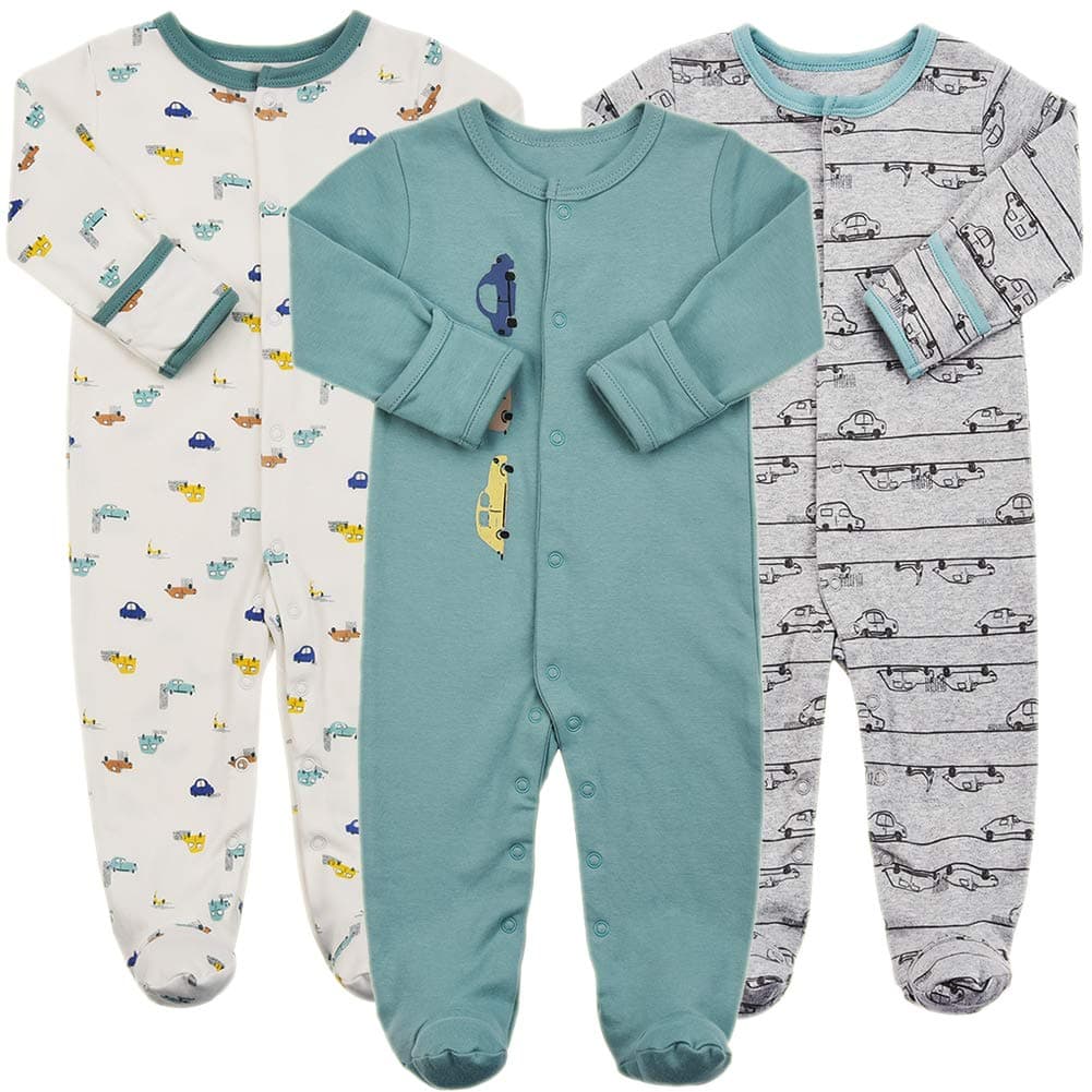 Aablexema Baby Footie Pajamas with Mittens - 3 Pcs Infant Girls Boys Footed Sleeper Newborn Cotton Sleepwear Outfits