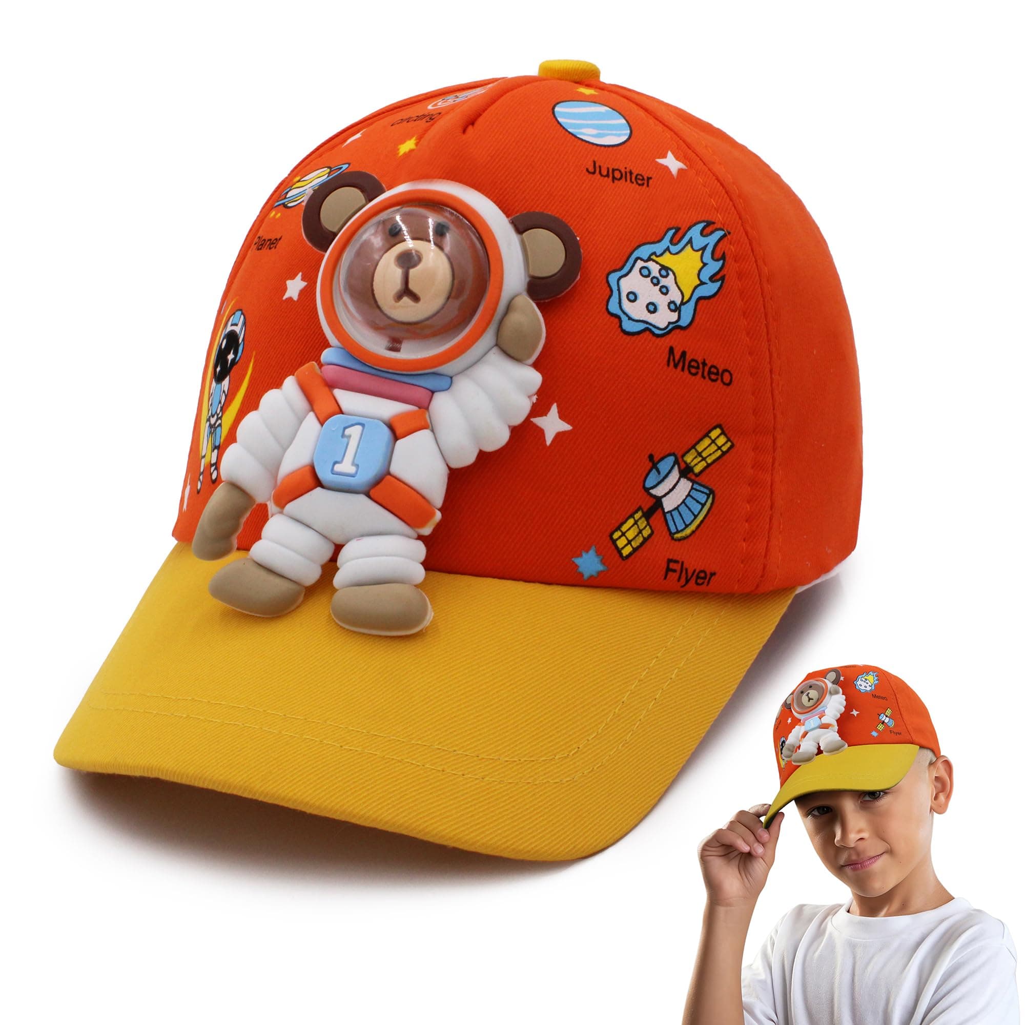 3D Cartoon Character Printed Little Cap for Kids and Baby Girls 3-12 Years, AstroBear Orange, 4 Years-5 Years