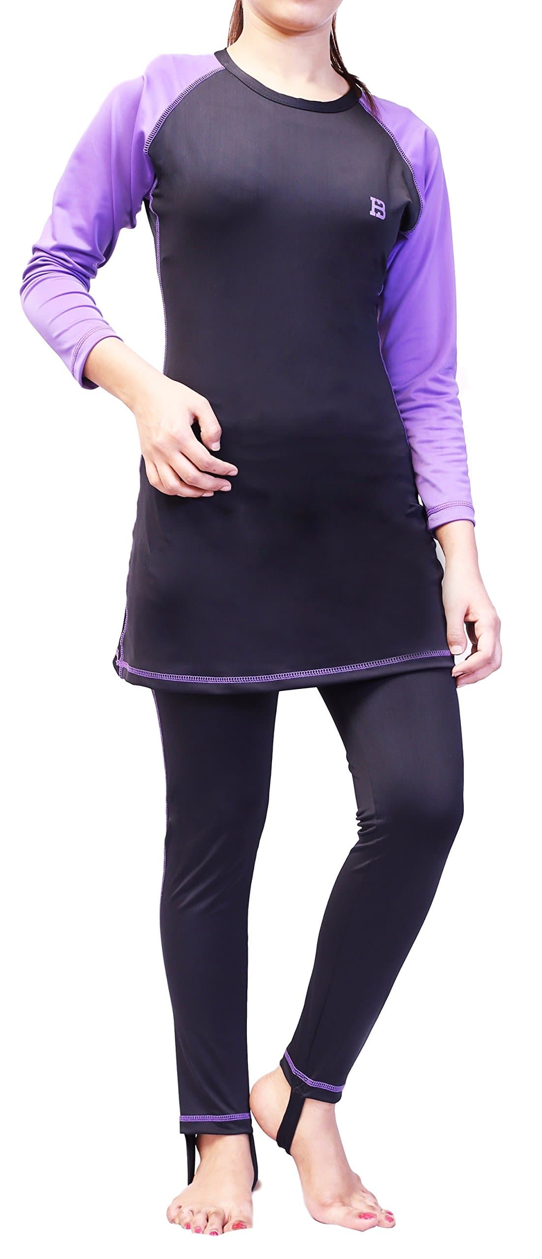 Huxlay Bros HB Ladies Classic Modest Swimwear, Full Length Modest Swimwear. Purple Black, 7707
