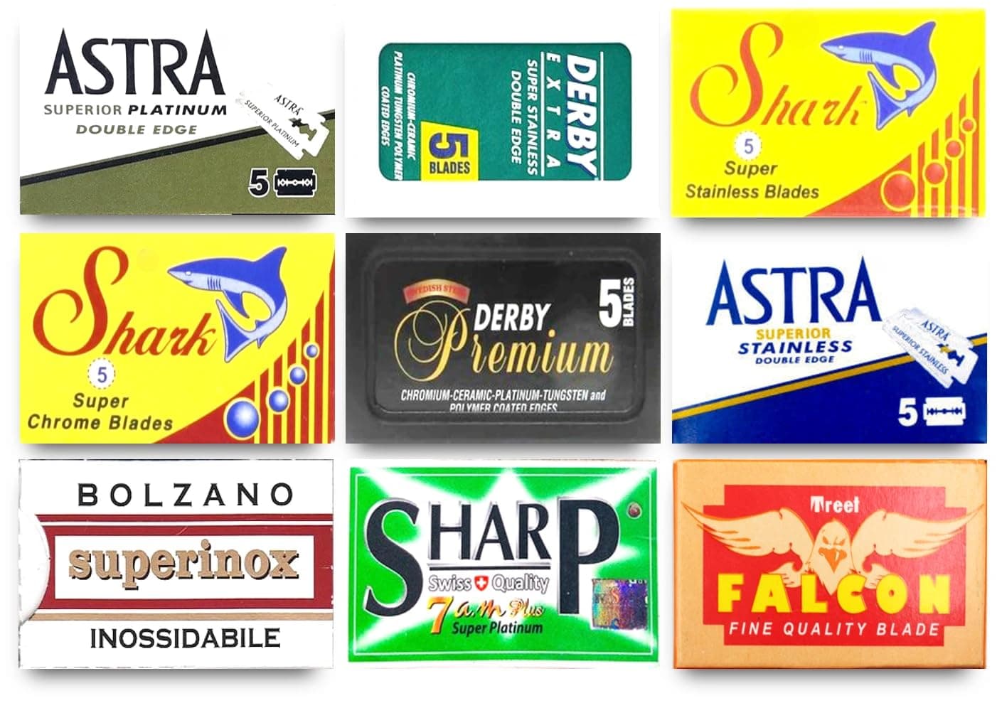 Razor Blades Club Astra-Derby-Shark-Permasharp-Bolzano-Treet 50 Quality Double Edge Razor Blades Sampler (9 different brands)