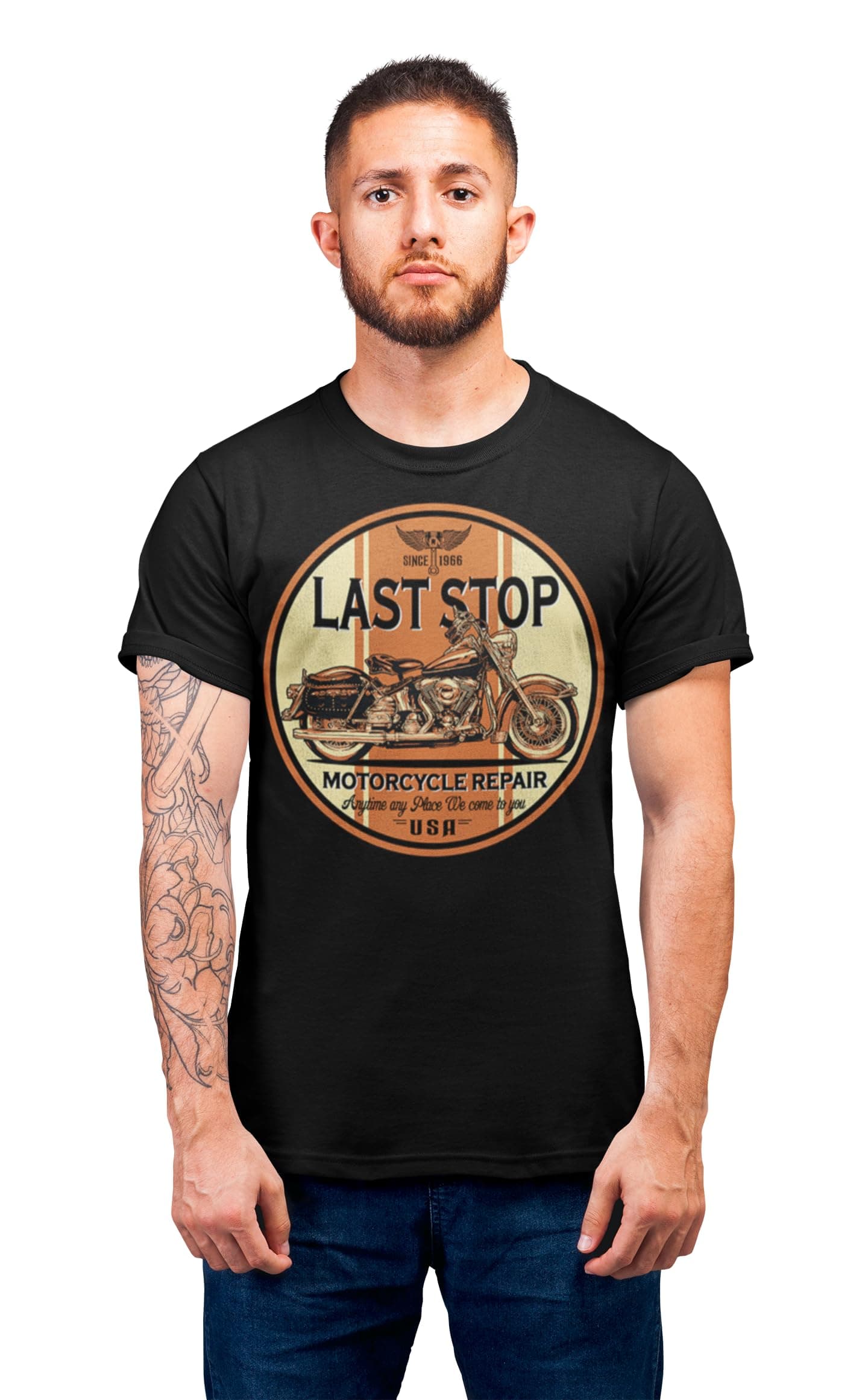 Last Stop Motorcycle T-Shirt Biker Rider Route 66 Harley Vintage Mens Black Tee