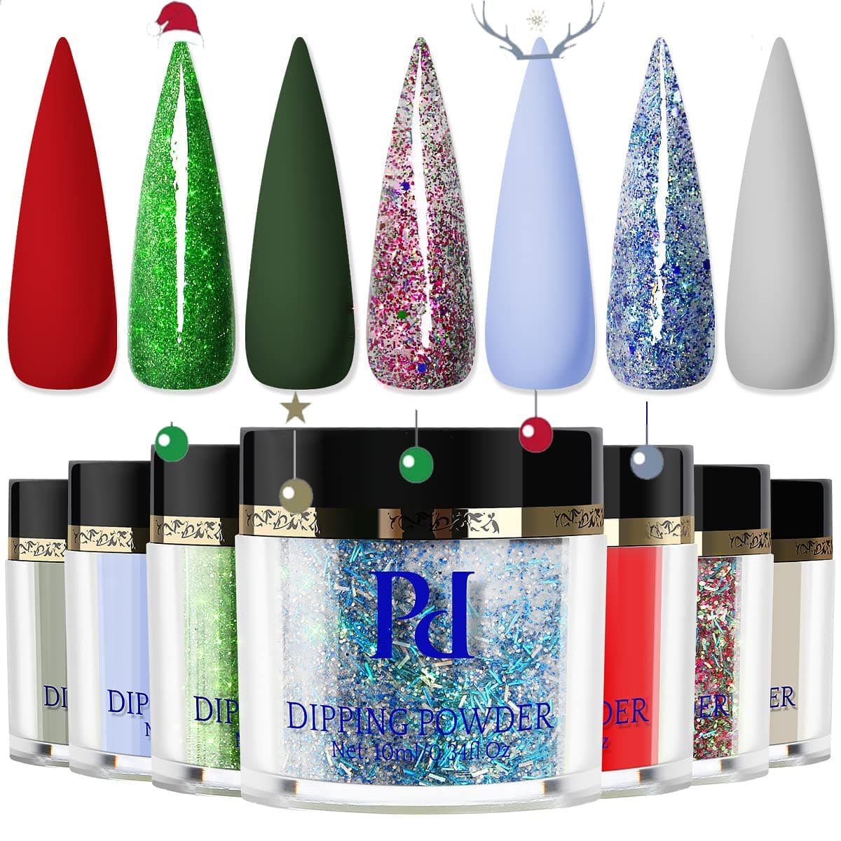 PrettyDiva Christmas Dip Powder - 8pcs Go for Classy Collection Winter Wonderland Dip Nail Powder for Xmas, Sparkle Emerald Green Glitter Blue White Red Navy Gray Dipping Powder for Salon Manicure