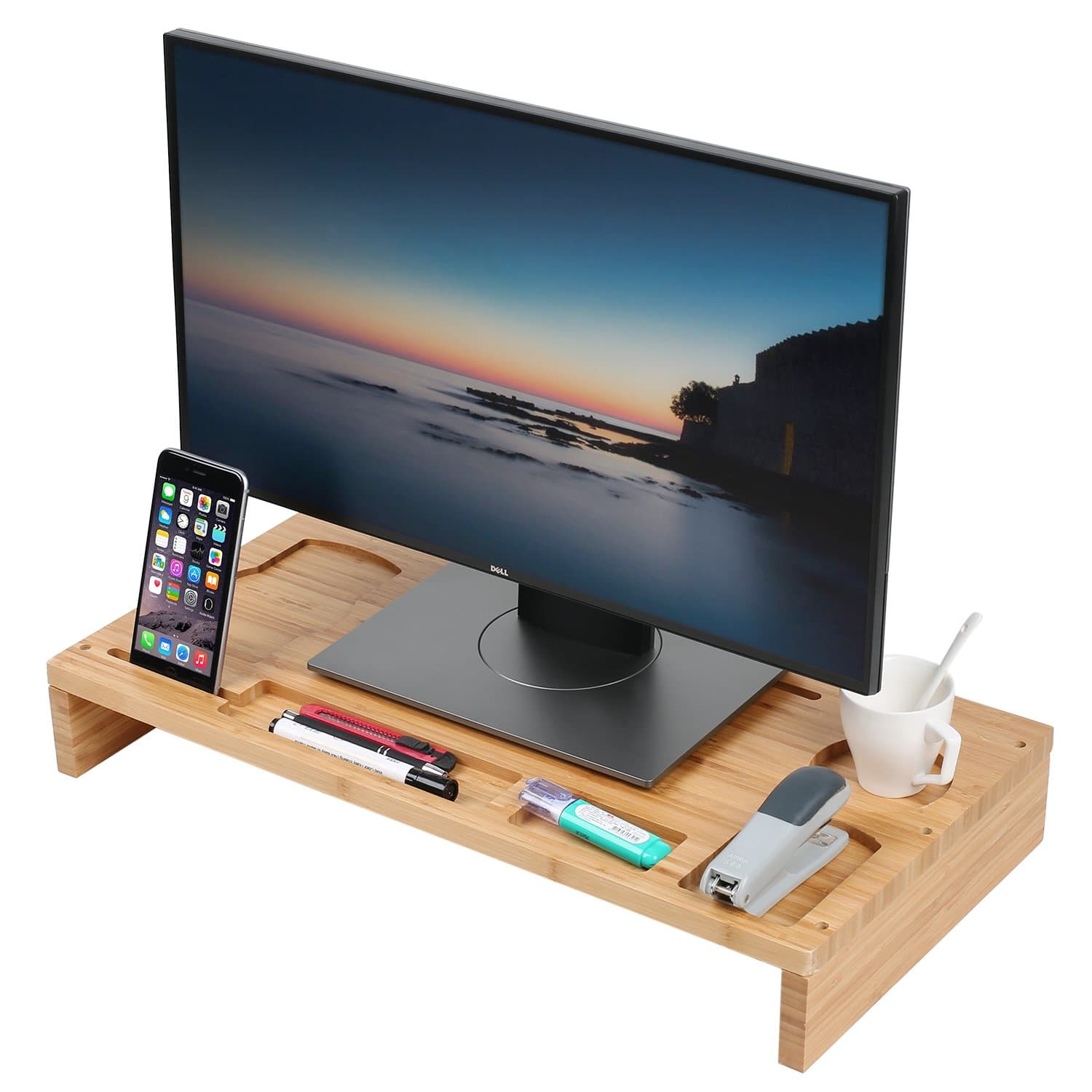 Bamboo Computer Monitor Stand Riser, Wooden Desk Organizer, Laptop Riser Shelves, Laptop Ipad Cellphone TV Printer Stand Holder with Slots for Office Supplies and Storage Space for Keyboard and Mouse