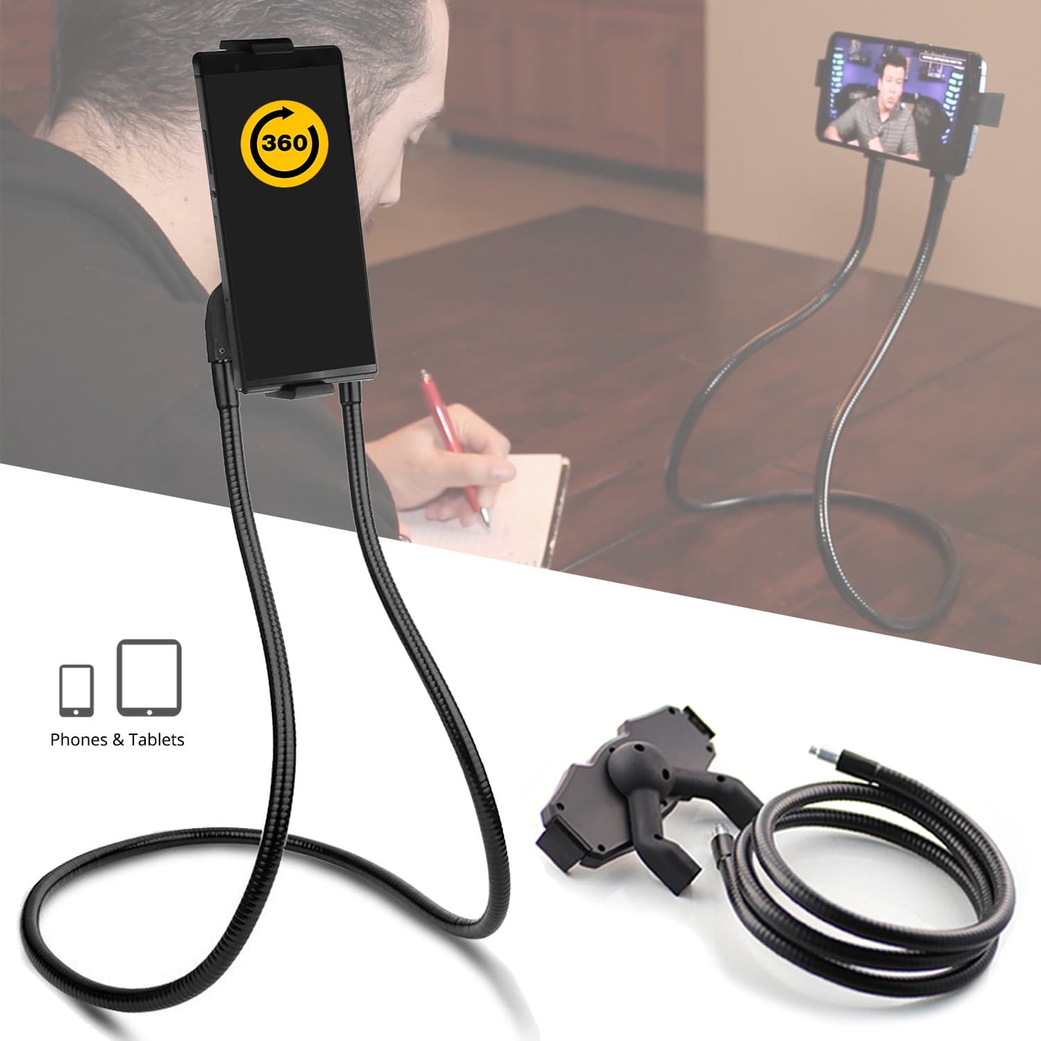 Whyzyv Lazy Neck Holder Hands-free for Cell Phone, Tablet, iPad, Kindle, iPhone. 360 Free Rotating Bracket both Vertical / Horizontal Phone Mount Stand. For watching movie, driving, phone games