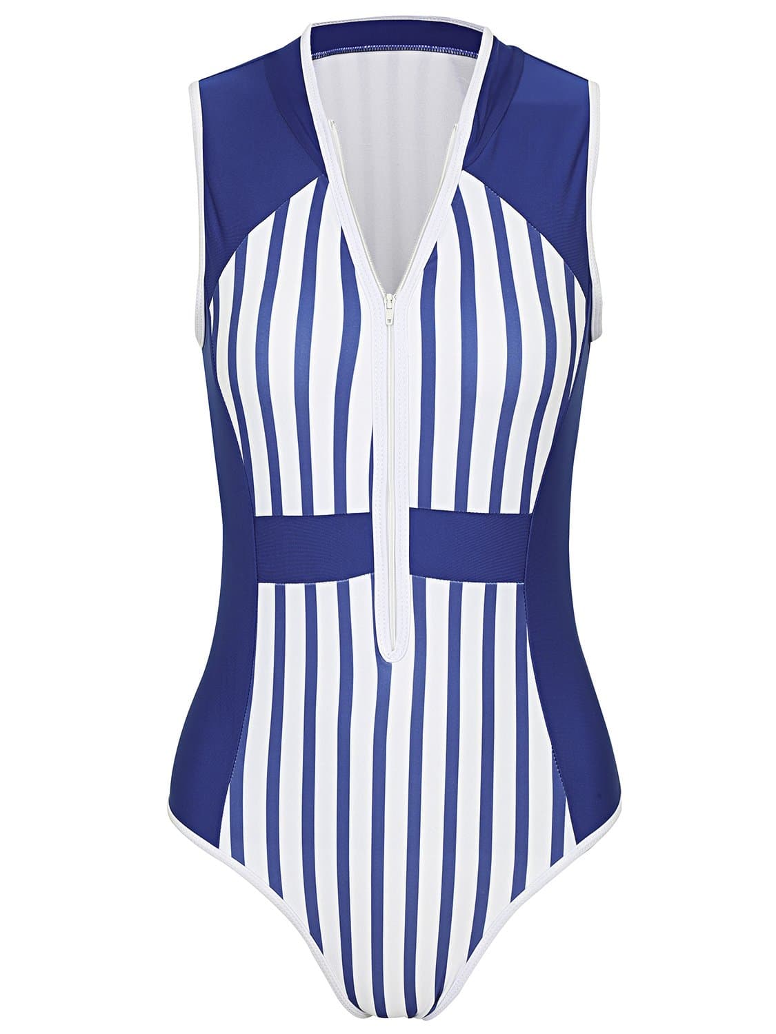 Bikinx Women's One Piece Zipper Striped Swimsuit Padded Rash Guard Bathing Suit