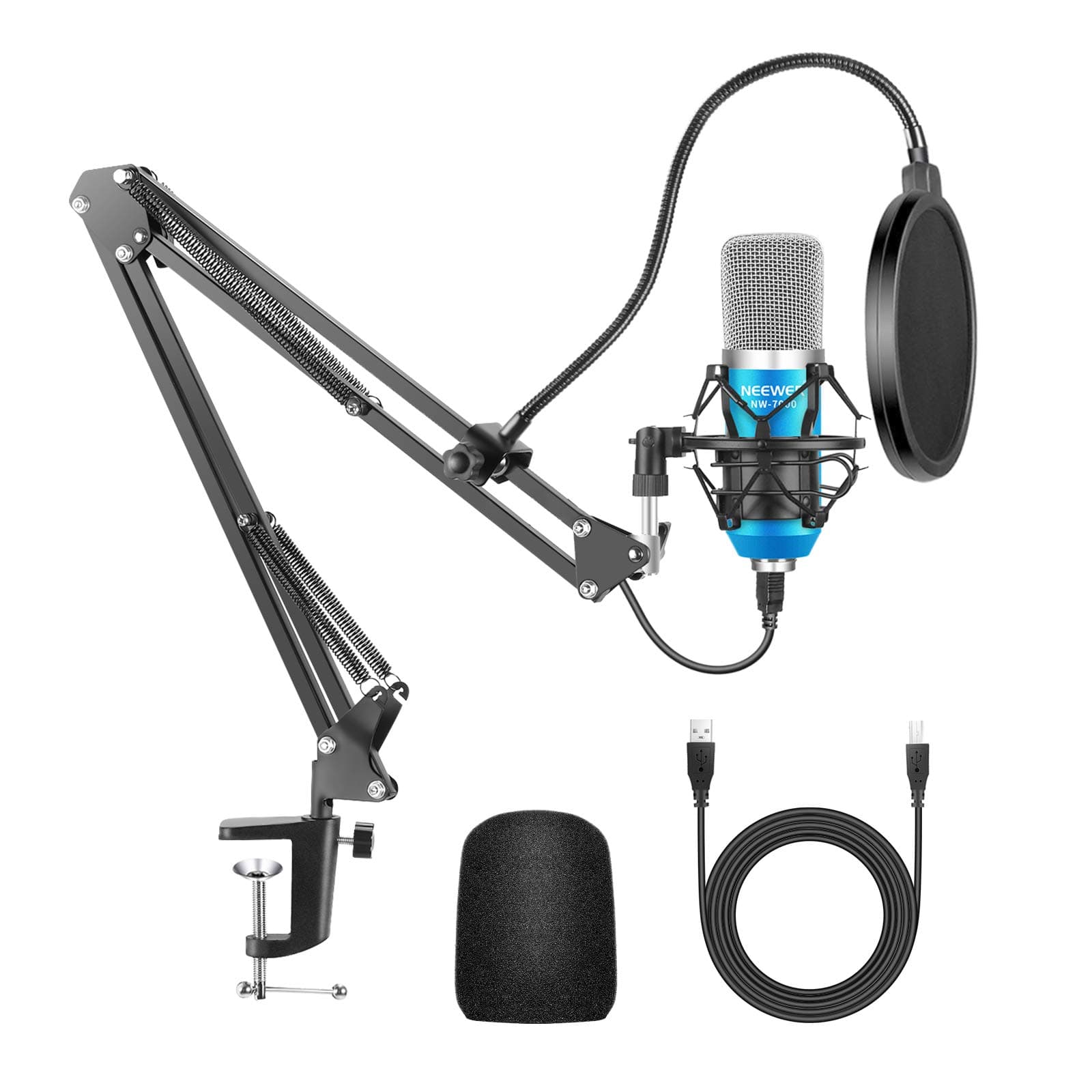 Neewer USB Microphone for Windows and Mac with Suspension Scissor Arm Stand, Shock Mount, Pop Filter, USB Cable and Table Mounting Clamp Kit for Broadcasting and Sound Recording (Blue and Silver)