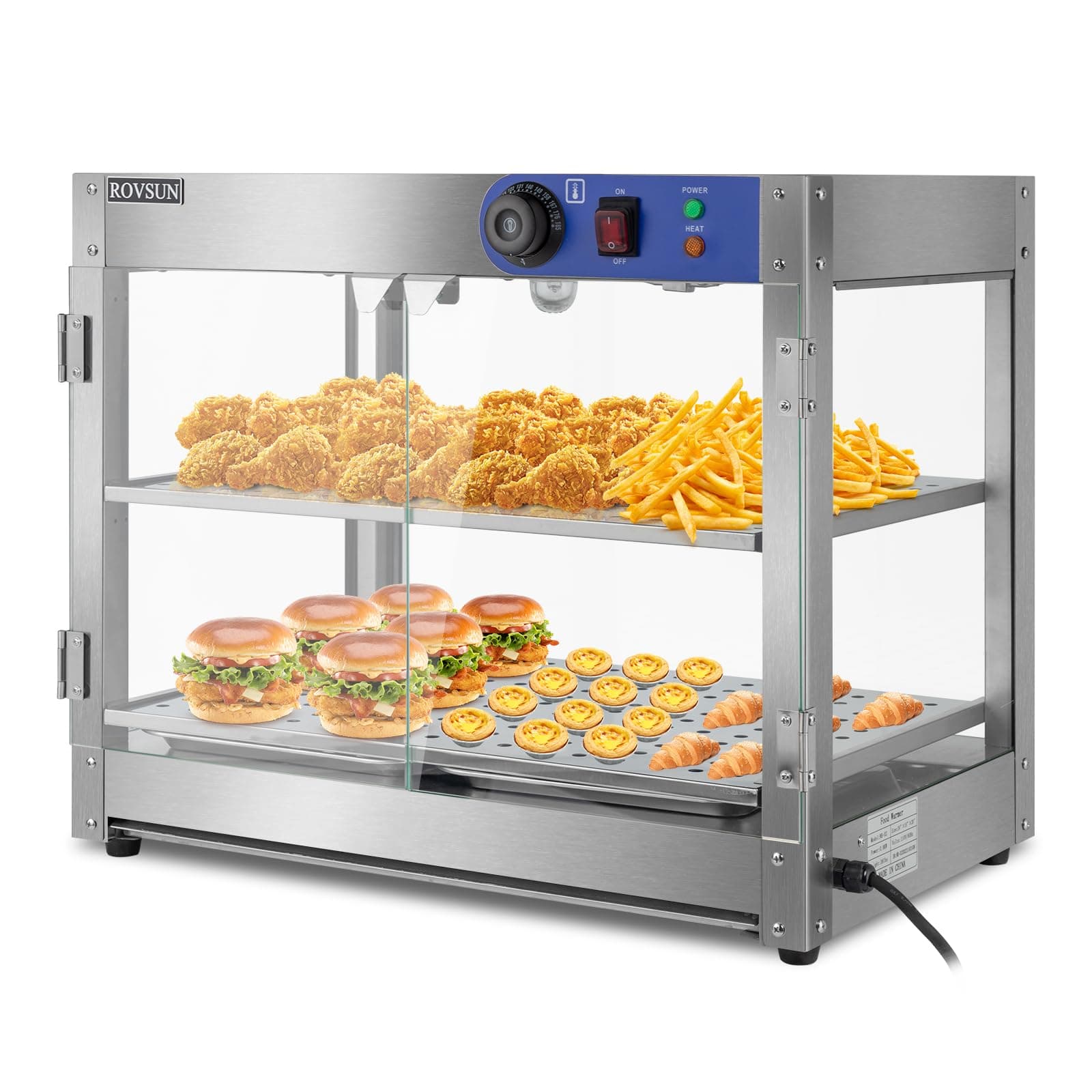 2-Tier Food Warmer Pizza Warmer, Commercial Food Warmer Display with LED Lighting Removable Shelves Glass Door, Electric Countertop Food Warmer for Buffet Restaurant 110V 800W