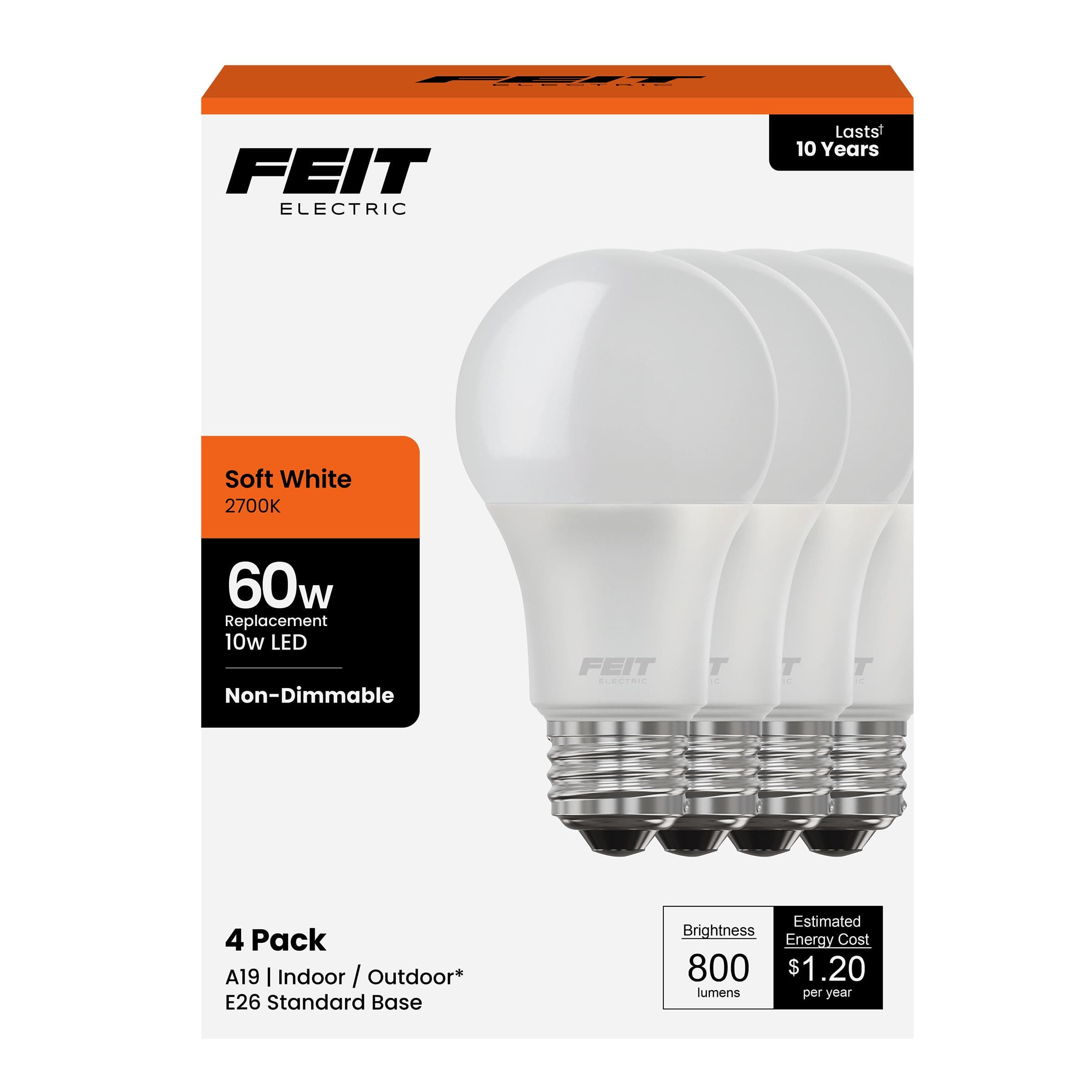 Feit Electric A19 LED Light Bulbs, 60W Equivalent, Non-Dimmable, 800 Lumens, E26 Standard Base, 2700k Soft White, 80 CRI, 10 Year Lifetime, Energy Efficient, 4 Pack, A800/827/10KLED/4