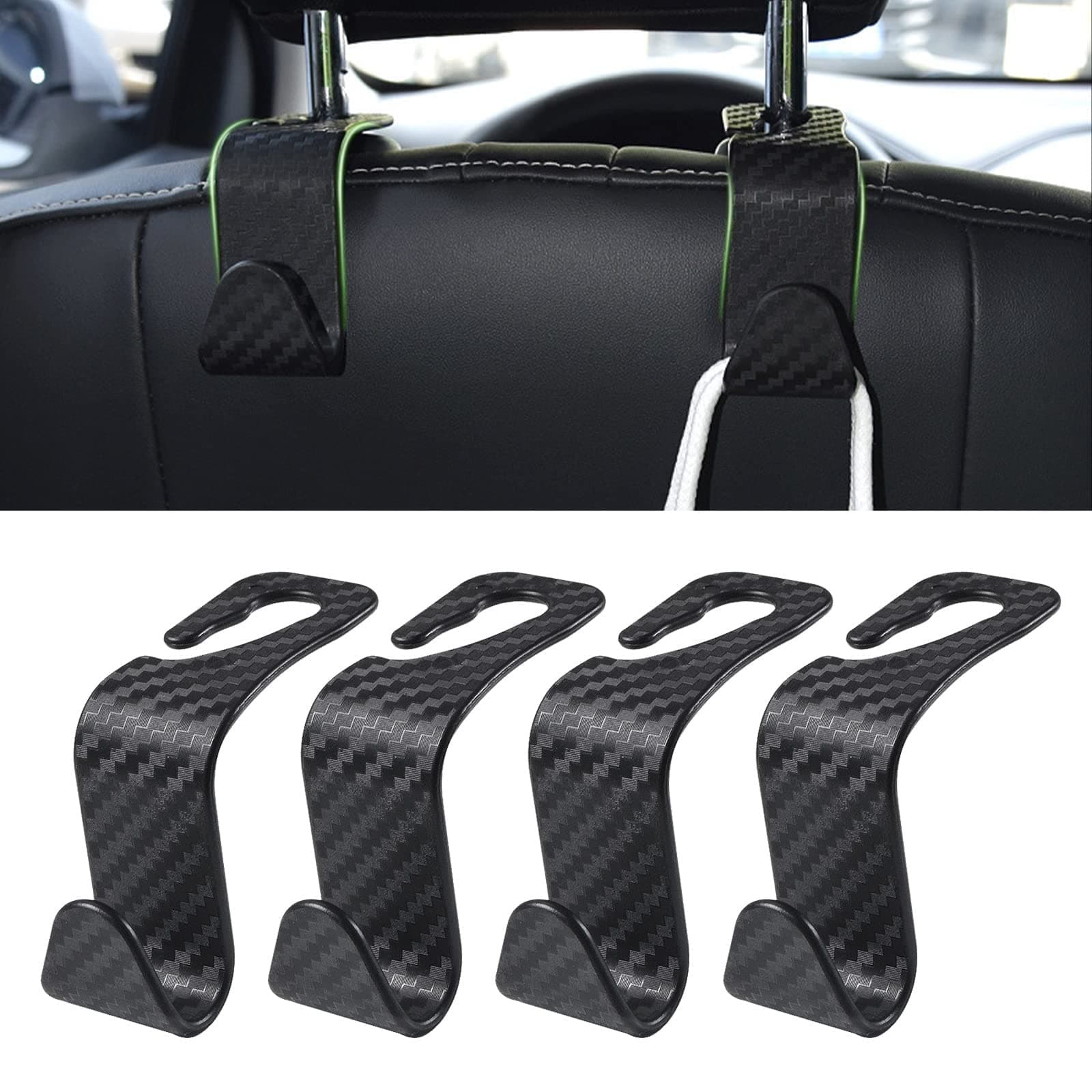 yonwait 4 PCS Car Seat Headrest Hook Carbon Fiber Black, Car Storage Headrest Hanger Holder Hooks Organizer, Universal Strong Backseat Hanger Car Interior Accessories for Handbag,Purse,Bag