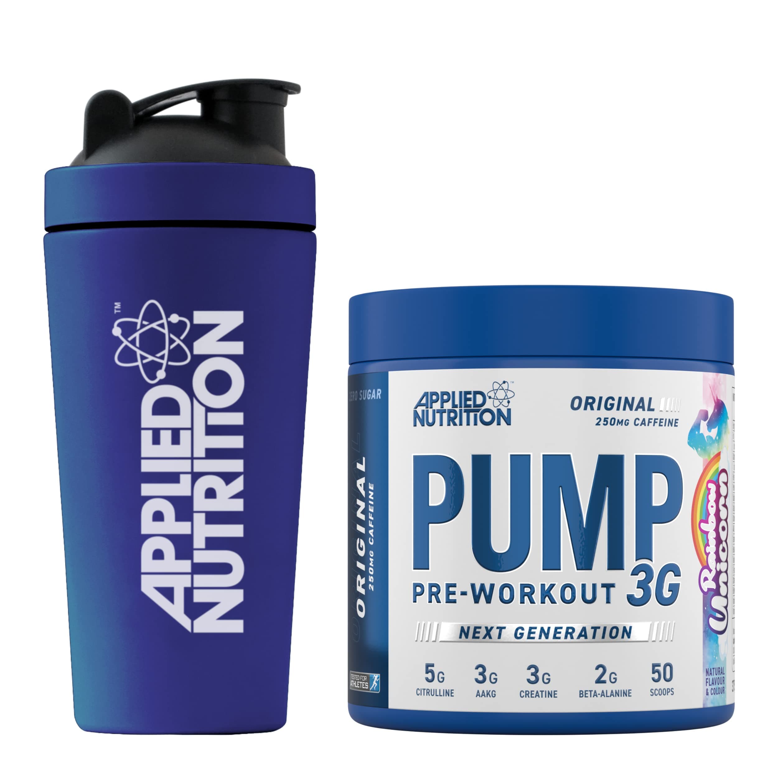 Pump 3G Pre Workout + 750ml Steel Protein Shaker - Energy, Focus & Performance (375g - 25 Servings) (Rainbow Unicorn)