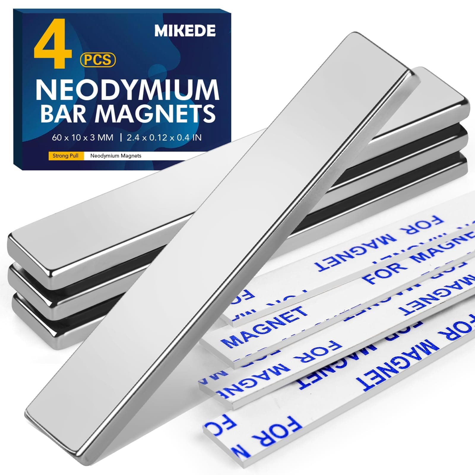 MIKEDE 4 Pack Rare Earth Strong Neodymium Bar Magnets, with Double-Sided Adhesive for Craft, Fridge, Kitchen, Office - 60 x 10 x 3 mm