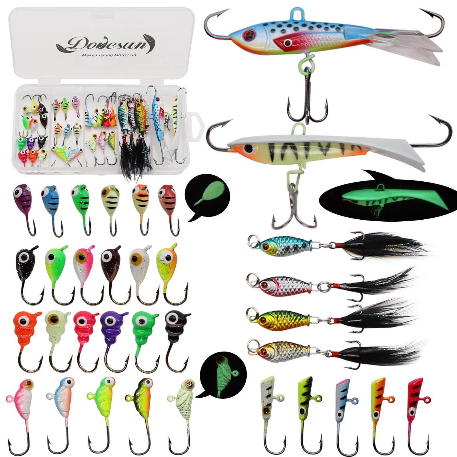 Dovesun Fishing Kit Ice Fishing Jigs Ice Fishing Lures Walleye Fishing Lures Crappie Jigs 1/18oz, 1/16oz, 1/15oz, 1/14oz,1/5oz, 3/8oz 34pcs