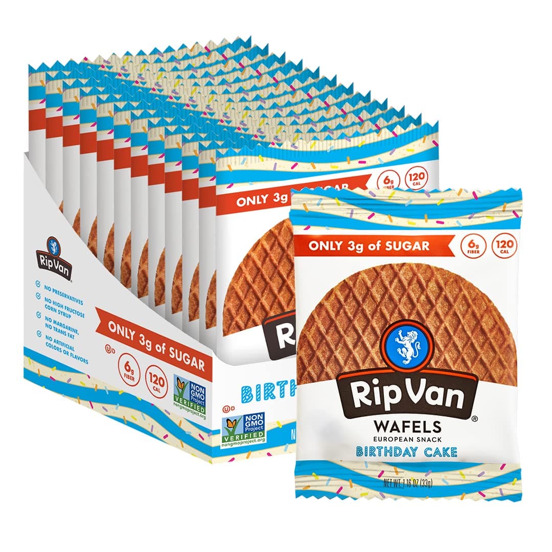 Rip Van Wafels Birthday Cake Stroopwafels - Healthy Snacks - Non GMO Snack - Keto Friendly - Office Snacks - Low Sugar (3g) - Low Calorie Snack - 12 Count