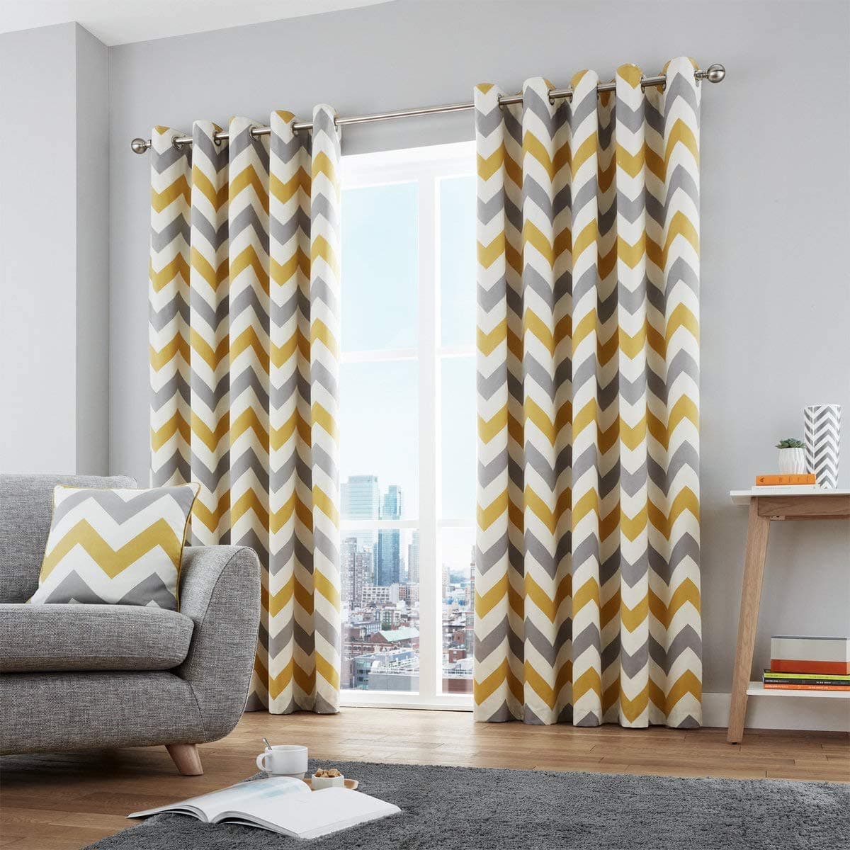 Fusion - Chevron - 100 Percent Cotton Pair of Eyelet Curtains, Ochre, Curtains: 46" Width x 54" Drop (117 x 137 cm)
