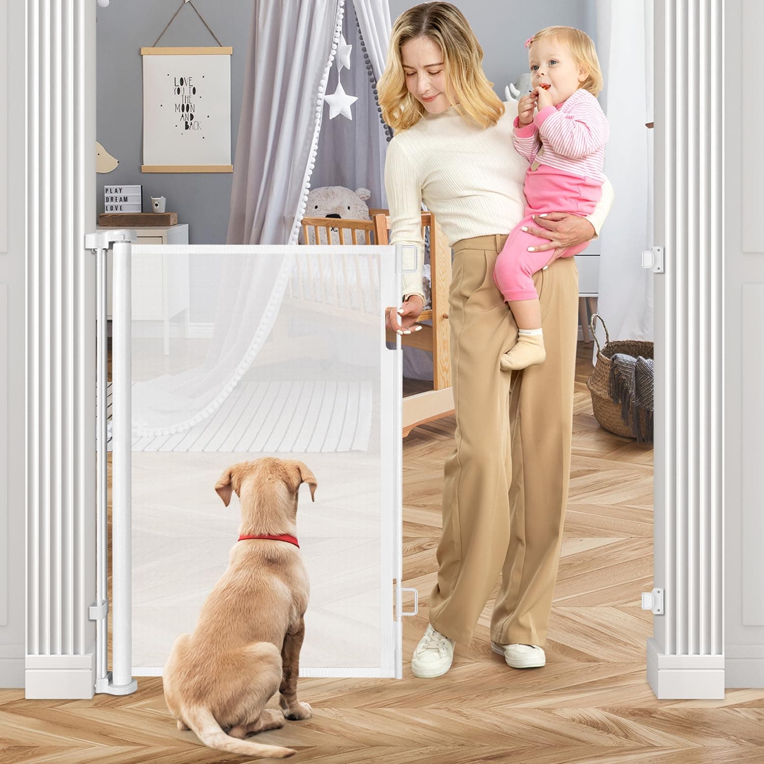 42 Inch Extra Tall Baby Gates for Doorways 55" Wide Retractable Dog Gate Indoor 3.5ft Extra Tall Baby Gates for Dogs Outdoor Retractable Gate for Stairs Prevent Kids/Pets from Jumping Over, White
