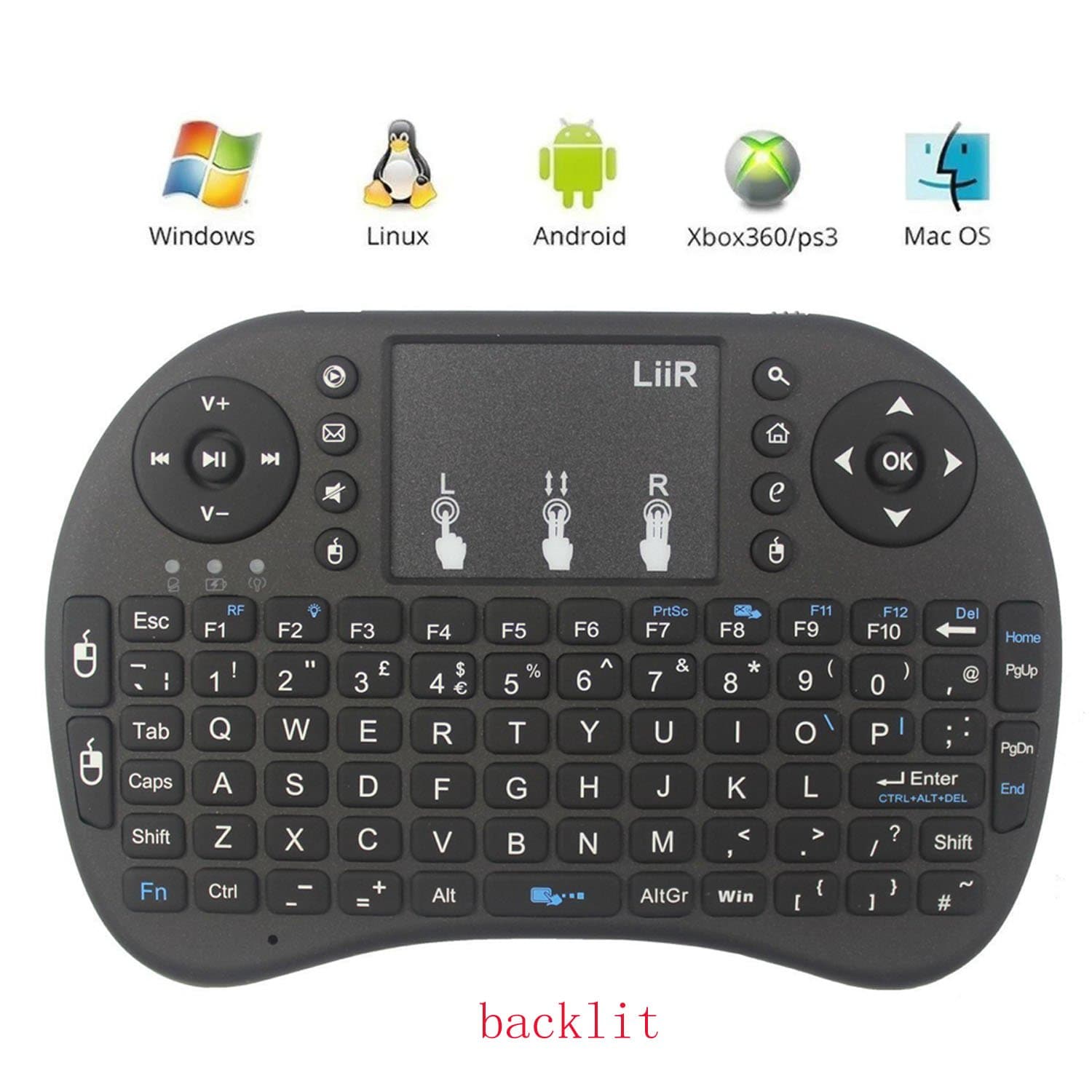 LIIR 2.4GHz Wireless Mini LED Backlit Keyboard with Touchpad Mouse for Raspberry Pi 3 / XBMC / Android and Google Smart TV Box (BACKLIGHT)