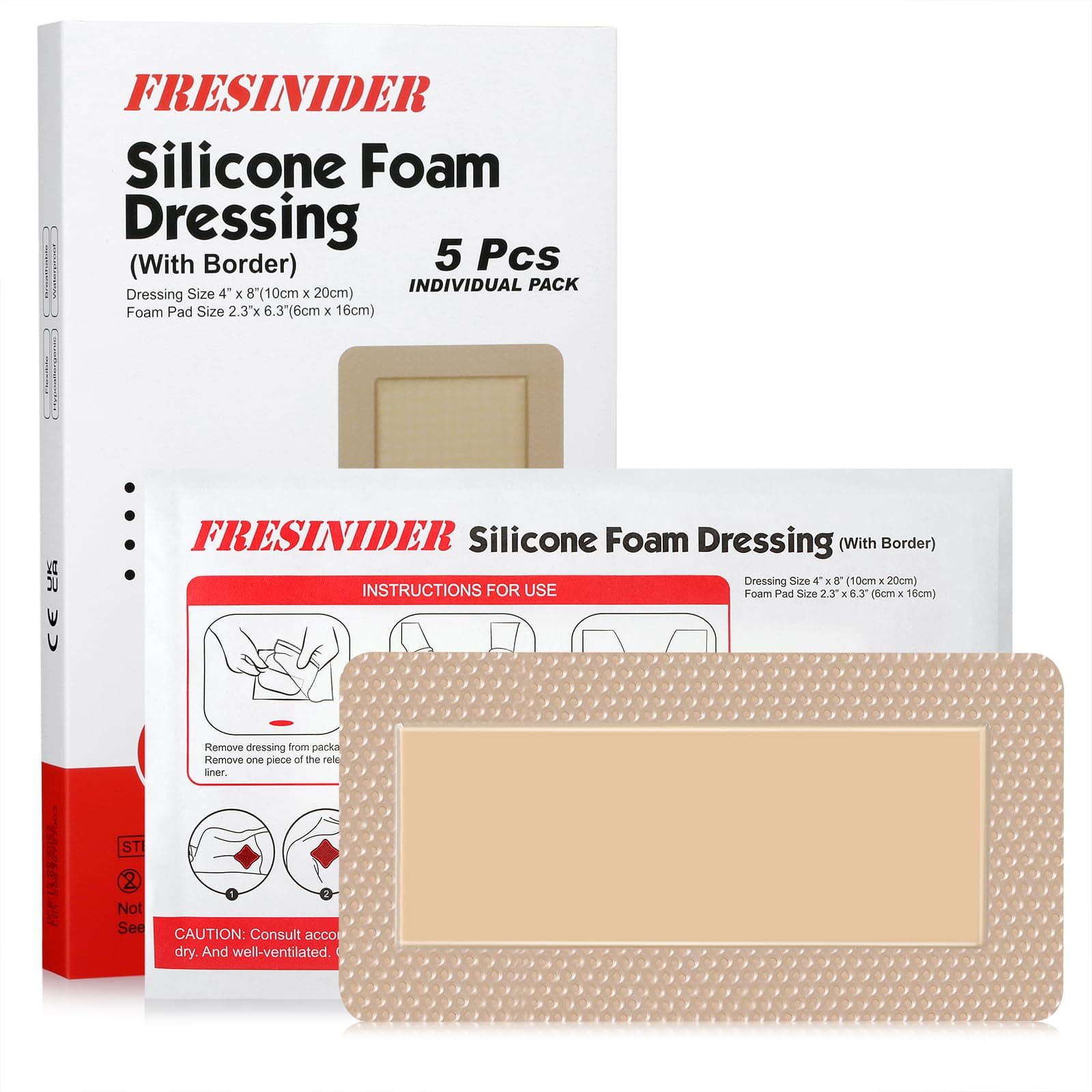 FRESINIDER 4" x 8" Pack of 5 Silicone Foam Wound Dressing - Waterproof Adhesive Bandages with Bordered - Super Absorbent & Breathable for Optimal Wound Care