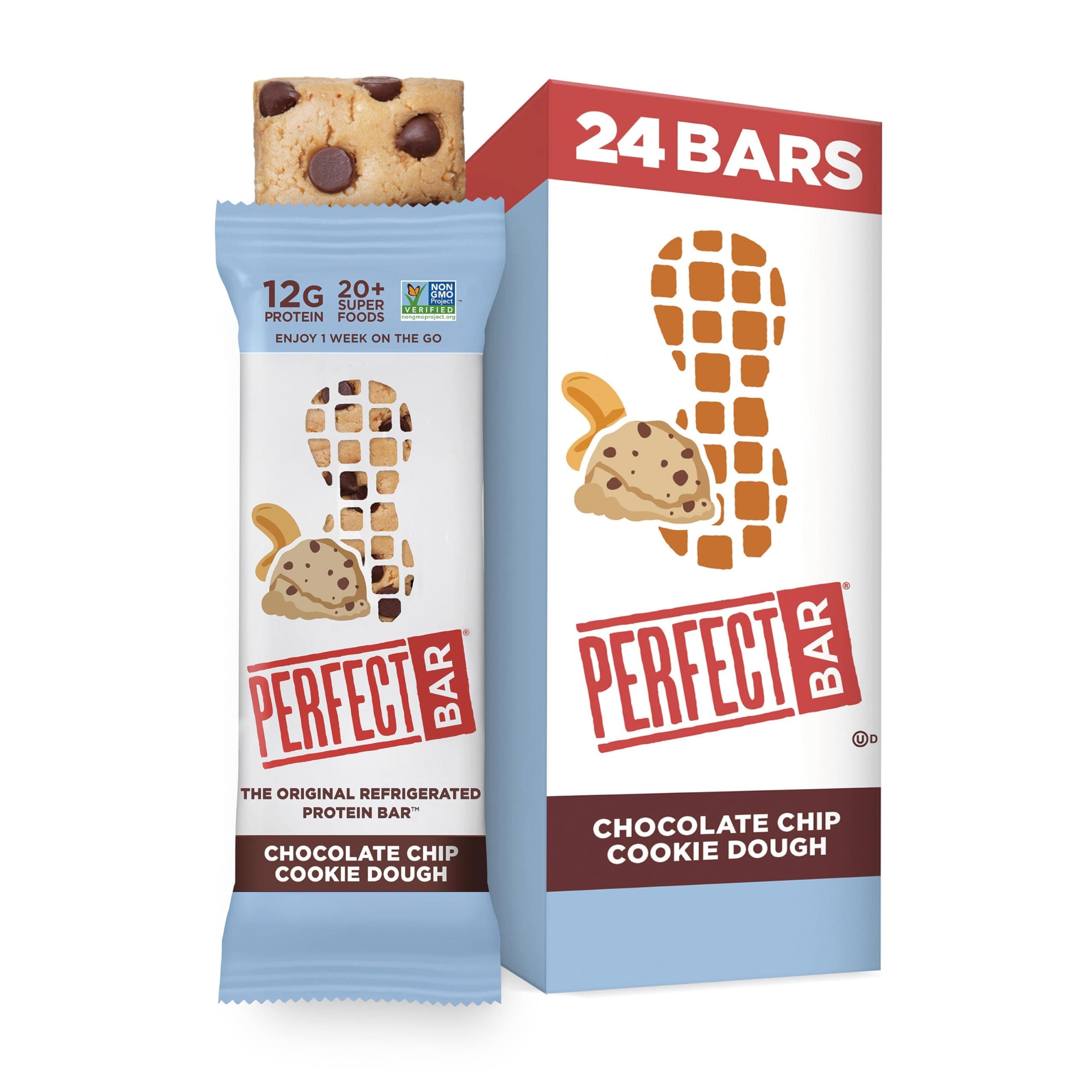 Perfect Bar Protein Bars, Chocolate Chip Cookie Dough, Gluten Free, Made with Organic Honey, Peanut Butter, Cookie Dough Texture, Refrigerated, 2.2 Oz Bars, 24 Count