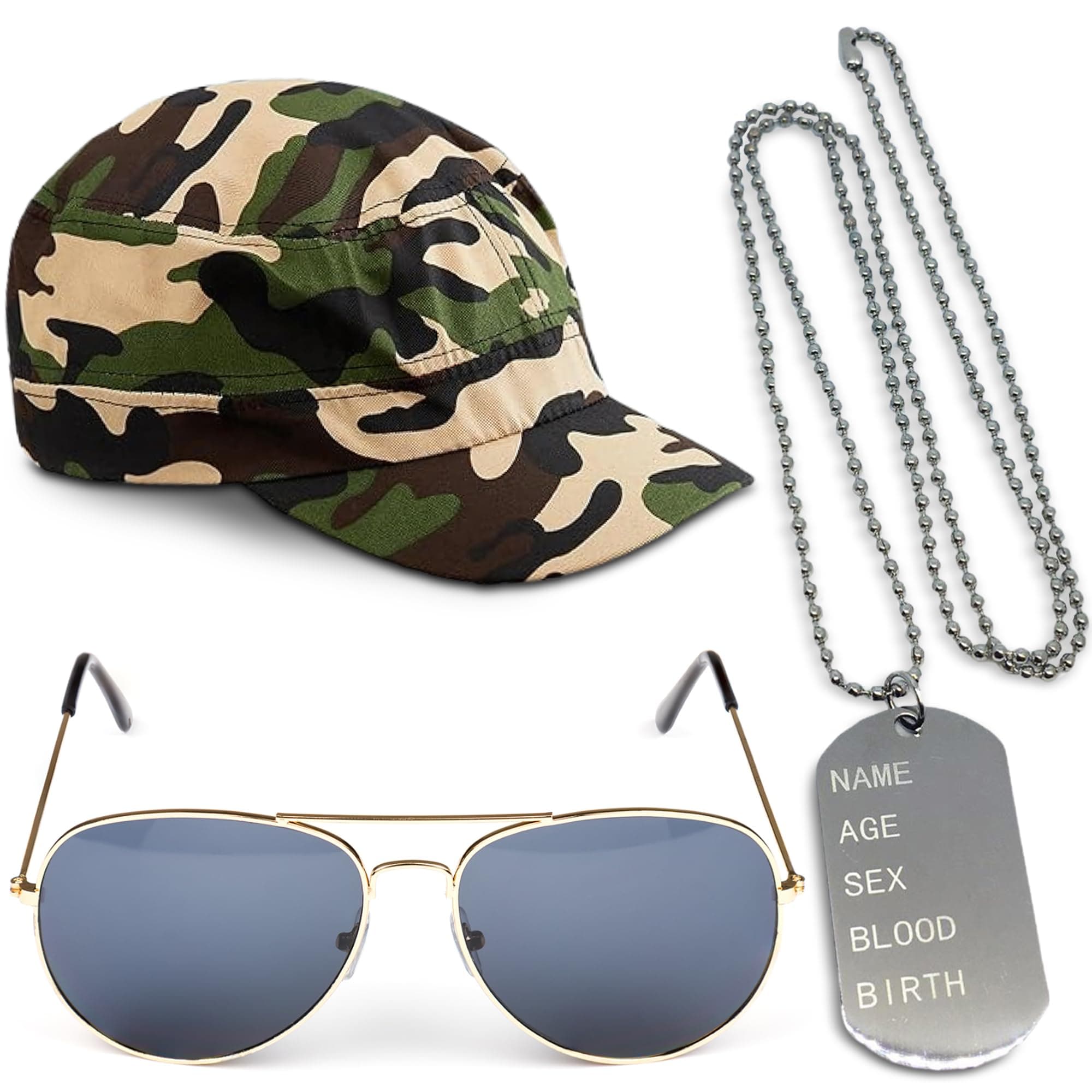 3pc Army Costume Accessories Women and Men - Army Fancy Dress Accessories Set with Camo Cap, Dog Tag Necklace and Gold Aviator Sunglasses - Adult Fancy Dress Soldier Costume Men for Stag Do Outfit