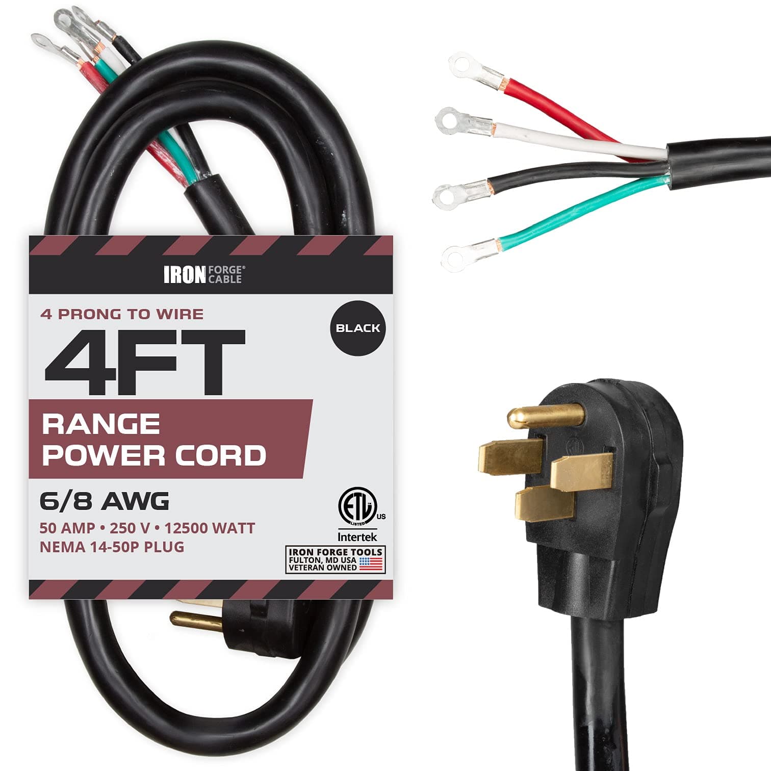 Iron Forge Cable 4 Prong Black Range Power Cord 4 ft - 50 Amp RV Extension Cord - Heavy Duty 6/8 AWG - NEMA 14-50P Flat Plug 4 Wire EV Cord