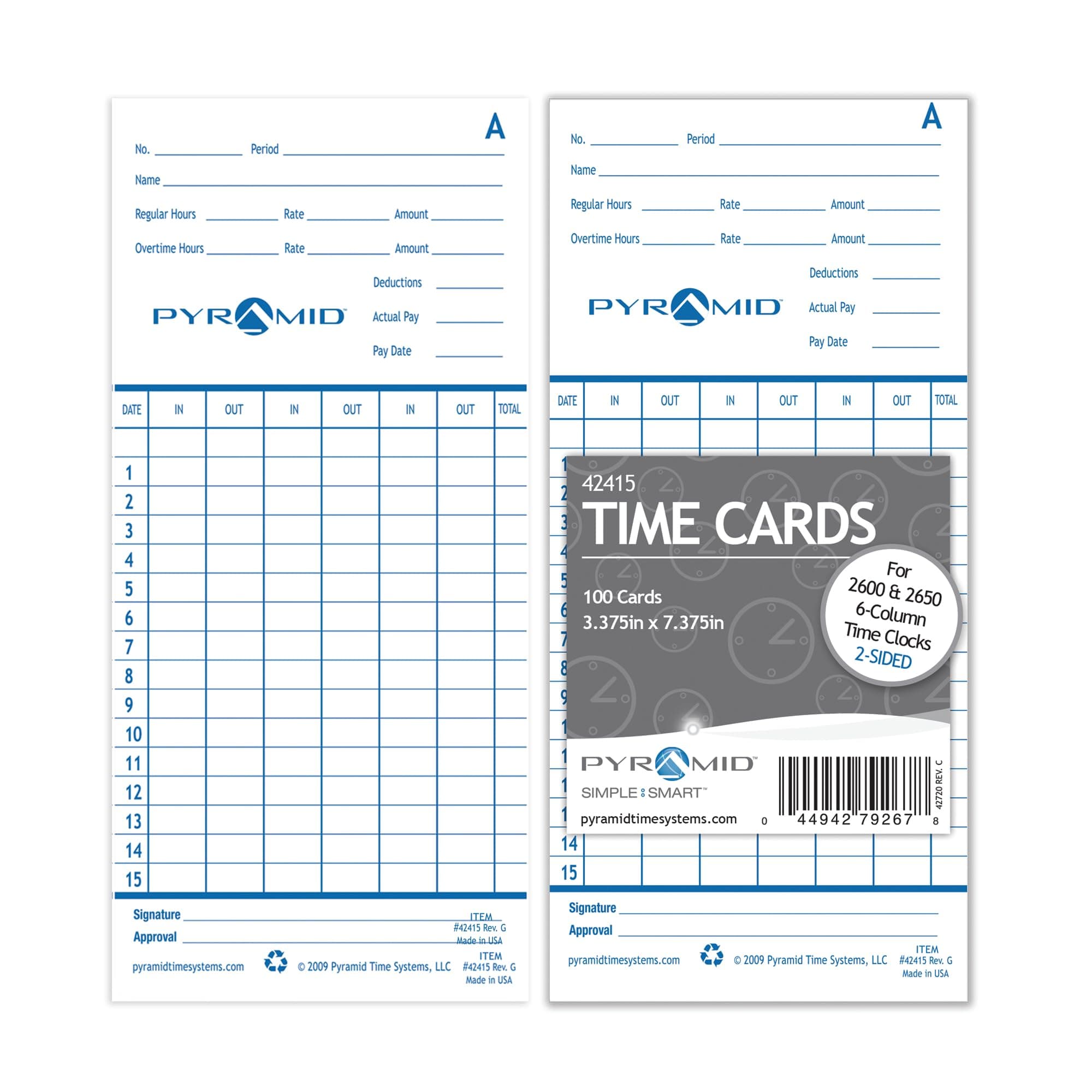 Pyramid Time Systems - Authentic Time Cards (42415) for Pyramid Models 2500, 2500K1, 2600 and 2650 Aligning Time Clocks, Double Sided Time Sheets (3.38 x 7.44 in) - 100 Time Cards - Blue/Green