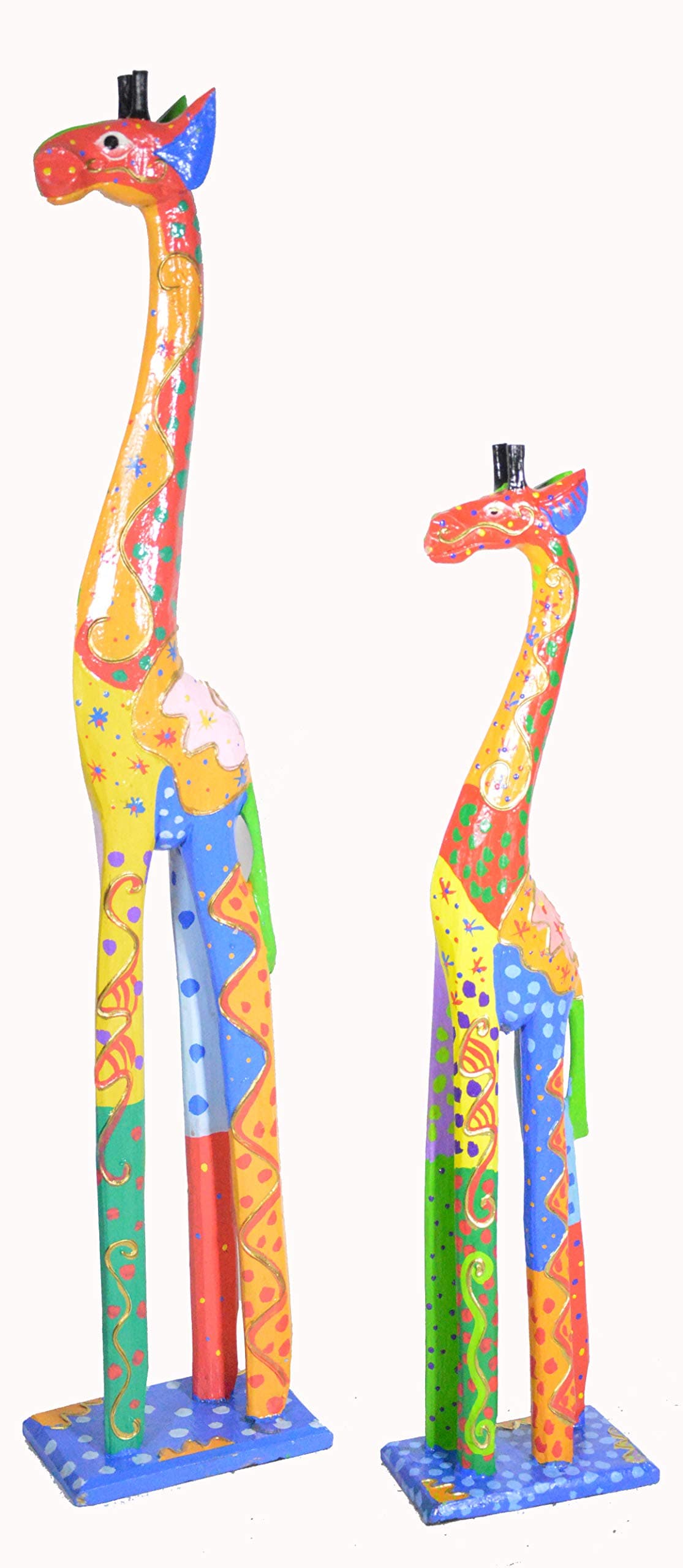WorldBazzar Set of 2 Hand Carved Wooden Family African Baby Giraffe Statues Sculptures Colorful Rainbow