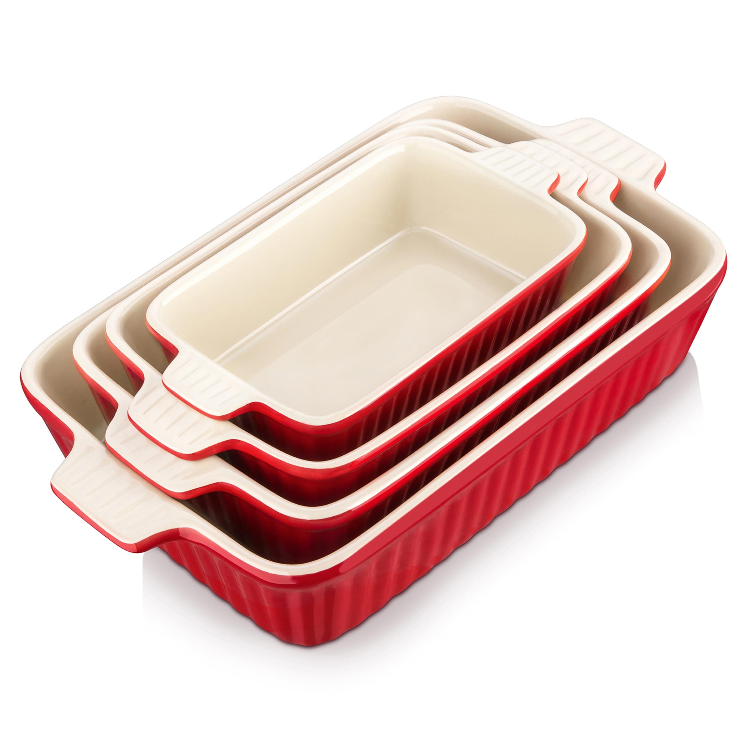 MALACASA Bakeware Set of 4, Porcelain Baking Pans Set for Oven, Casserole Dish, Ceramic Rectangular Baking Dish Lasagna Pans for Cooking Cake Pie Dinner Kitchen, Red (9.5"/11.25"/12.75"/14.5")