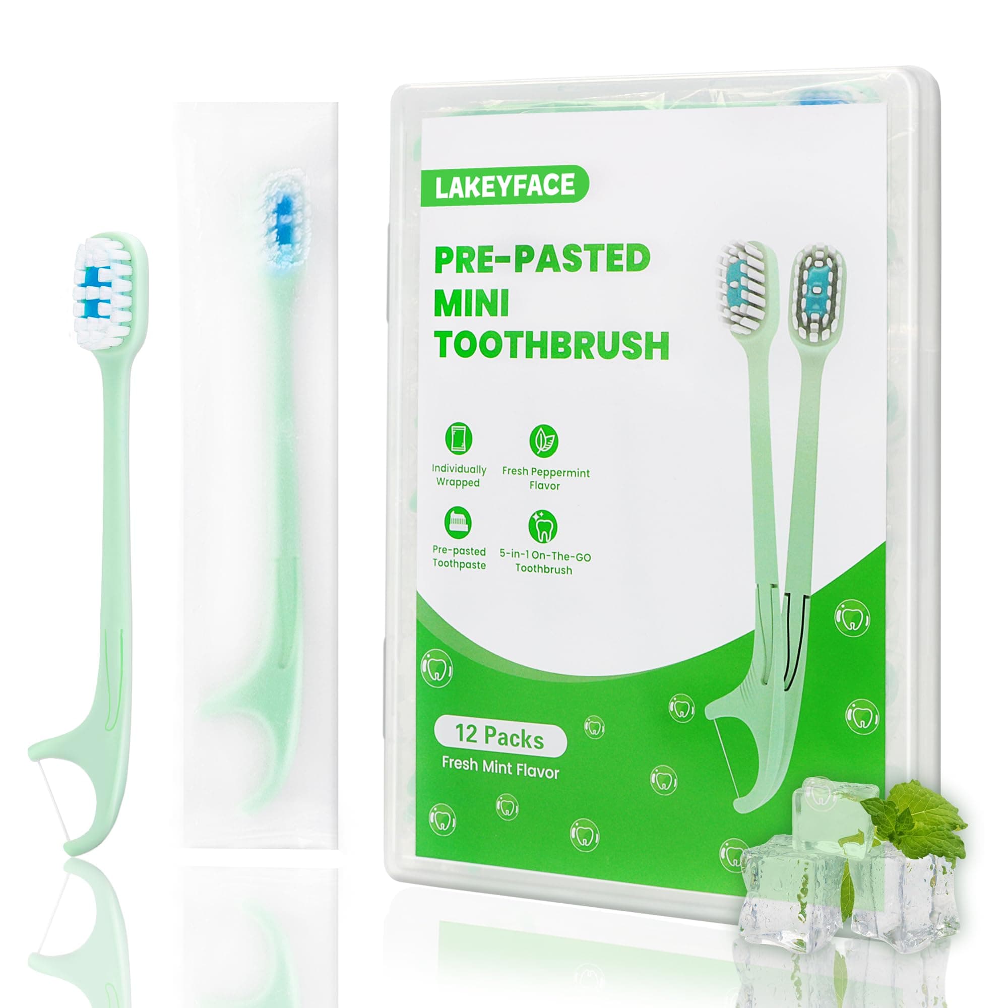 5-in-1 Travel Toothbrush Set, Prepasted Disposable Mini Toothbrushes with Toothpaste + Tongue Scrapers + Floss + Pick for Work or Travel, Individually Wrapped, Mint, 12 Pack