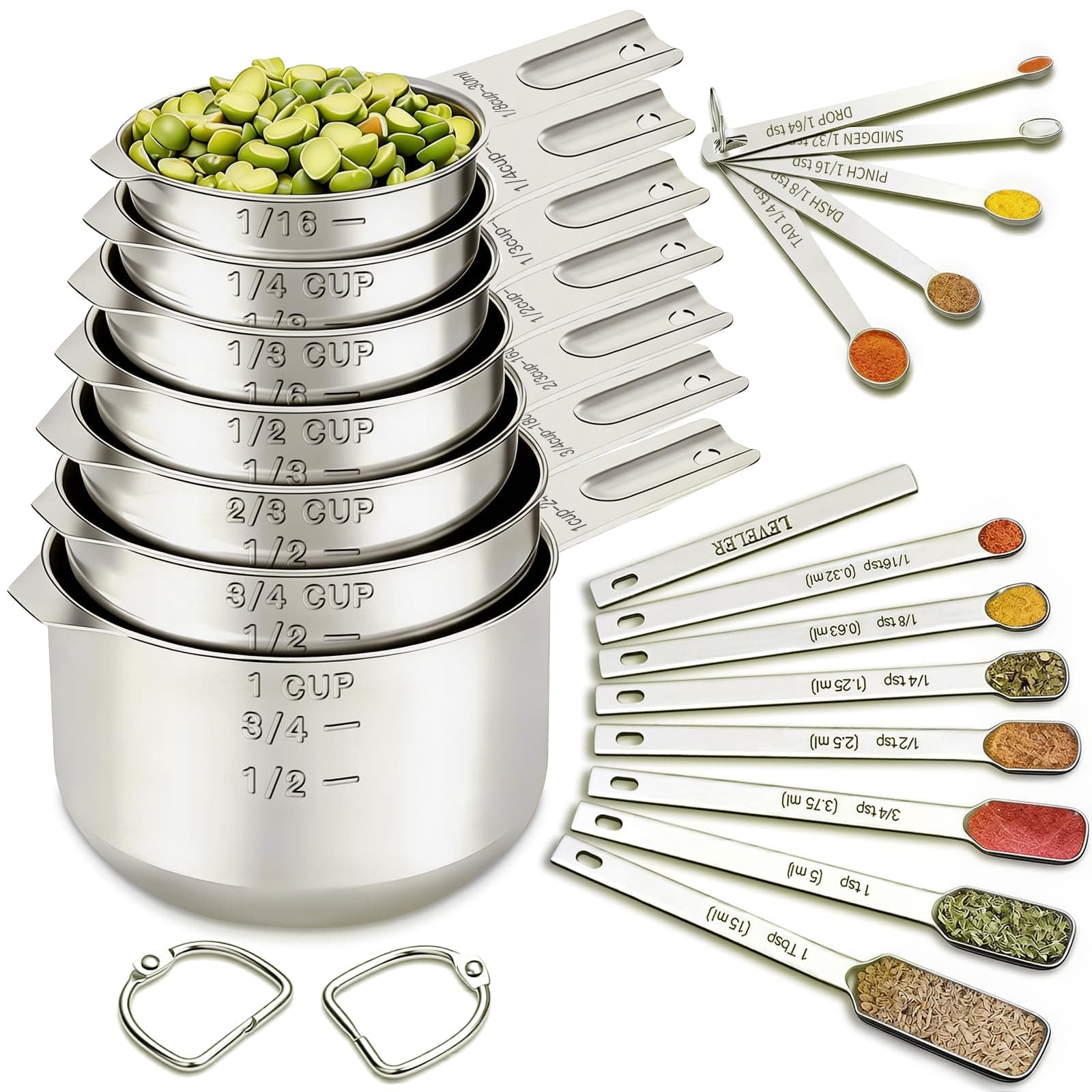 EWFEN Measuring Cups and Spoons Set of 20, 7 Stainless Steel Nesting Measuring Cups & 7 Spoons, 1 + Leveler & 5 Mini Measuring Spoons for Cooking & Baking