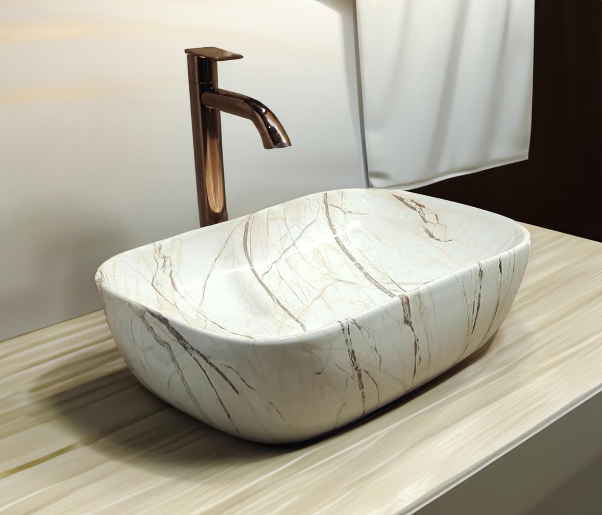Soyo Premium Designer Table Top Ceramic Wash Basin Vessel Sink With Slim Rim | Beautiful Rectangle Shape (Designer Beige, 18 x 13 x 5 Inch)