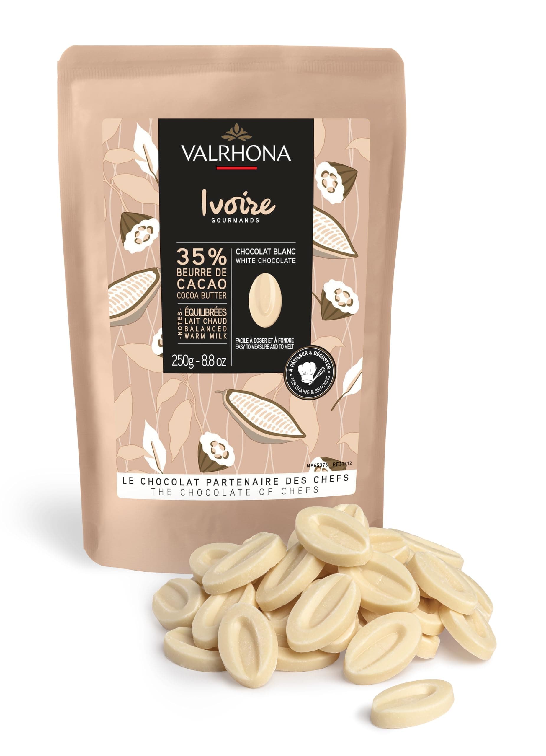 Valrhona Premium French Baking Creamy White Chocolate Discs (Feves) IVOIRE 35% Cacao. Easy Melt and Tempering. Hints of Vanilla & Warm Milk. For Sauces, Mousses, Frostings and Candies 250g (Pack of 1)