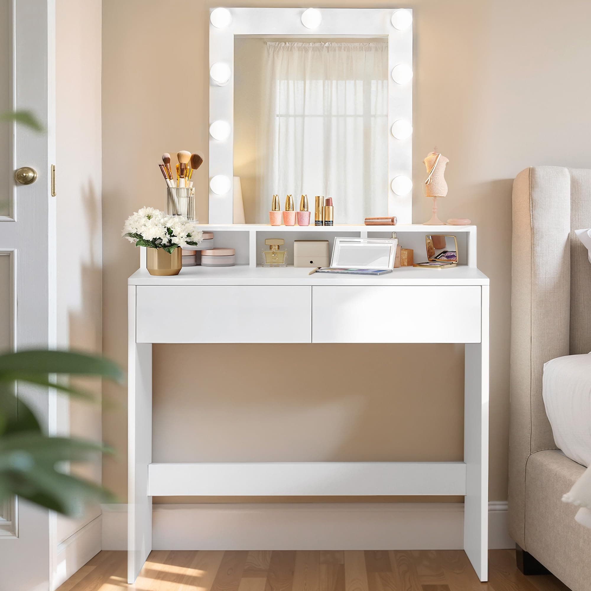 VASAGLE Dressing Table, LED Lights with Adjustable Brightness, Vanity Table with Mirror, 2 Drawers and 3 Compartments, Makeup Desk, Modern, KAILYN Collection Cloud White RDT194T14