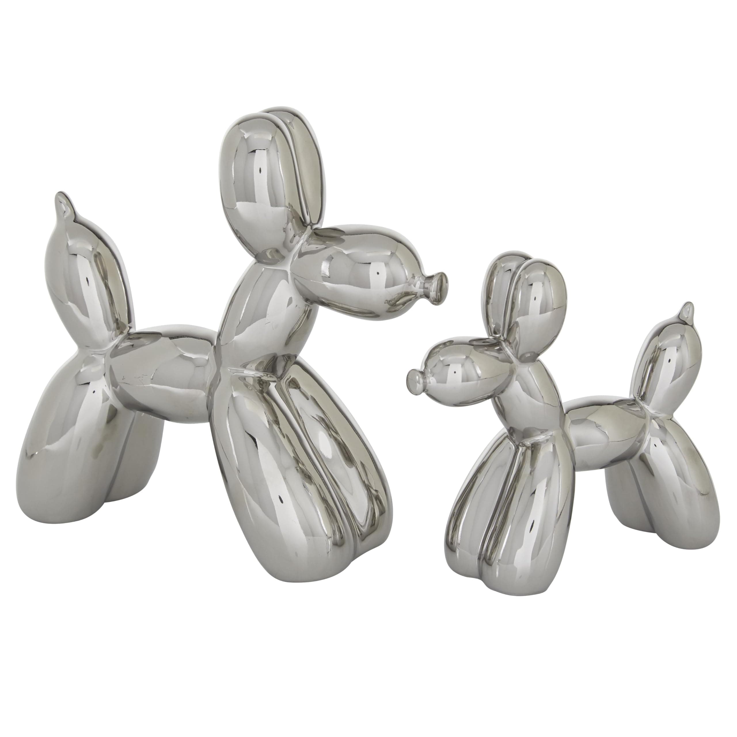Deco 79 Porcelain Ceramic Dog Decorative Sculpture Balloon Home Decor Statues, Set of 2 Accent Figurines 9", 7"H, Silver