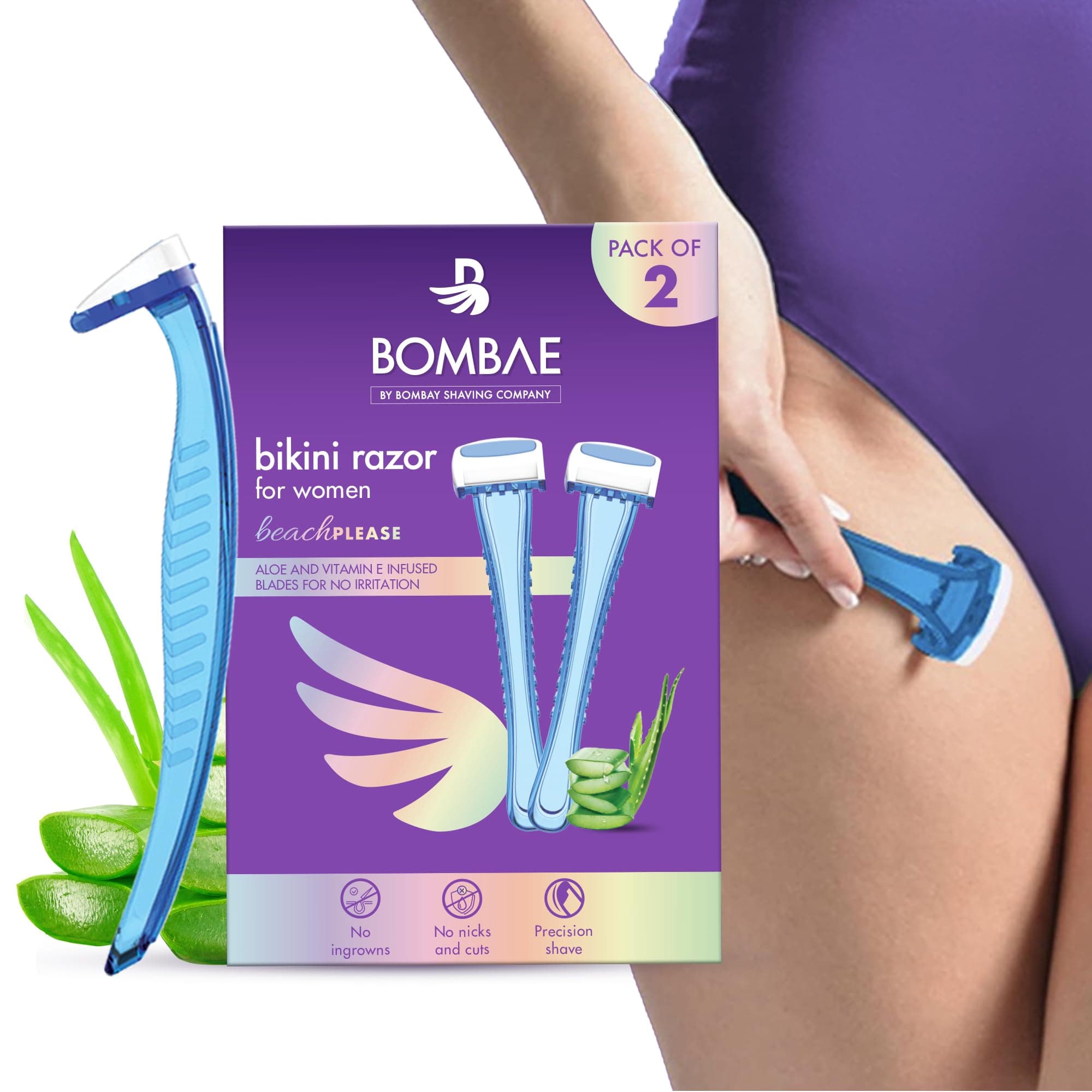 BOMBAE Shaving Company Bikini Line Hair Removal Razor for Women (Pack of 2) | Safe and Hygienic | Experience close and irritation-free shaves | Aloe Vera and Vitamin E
