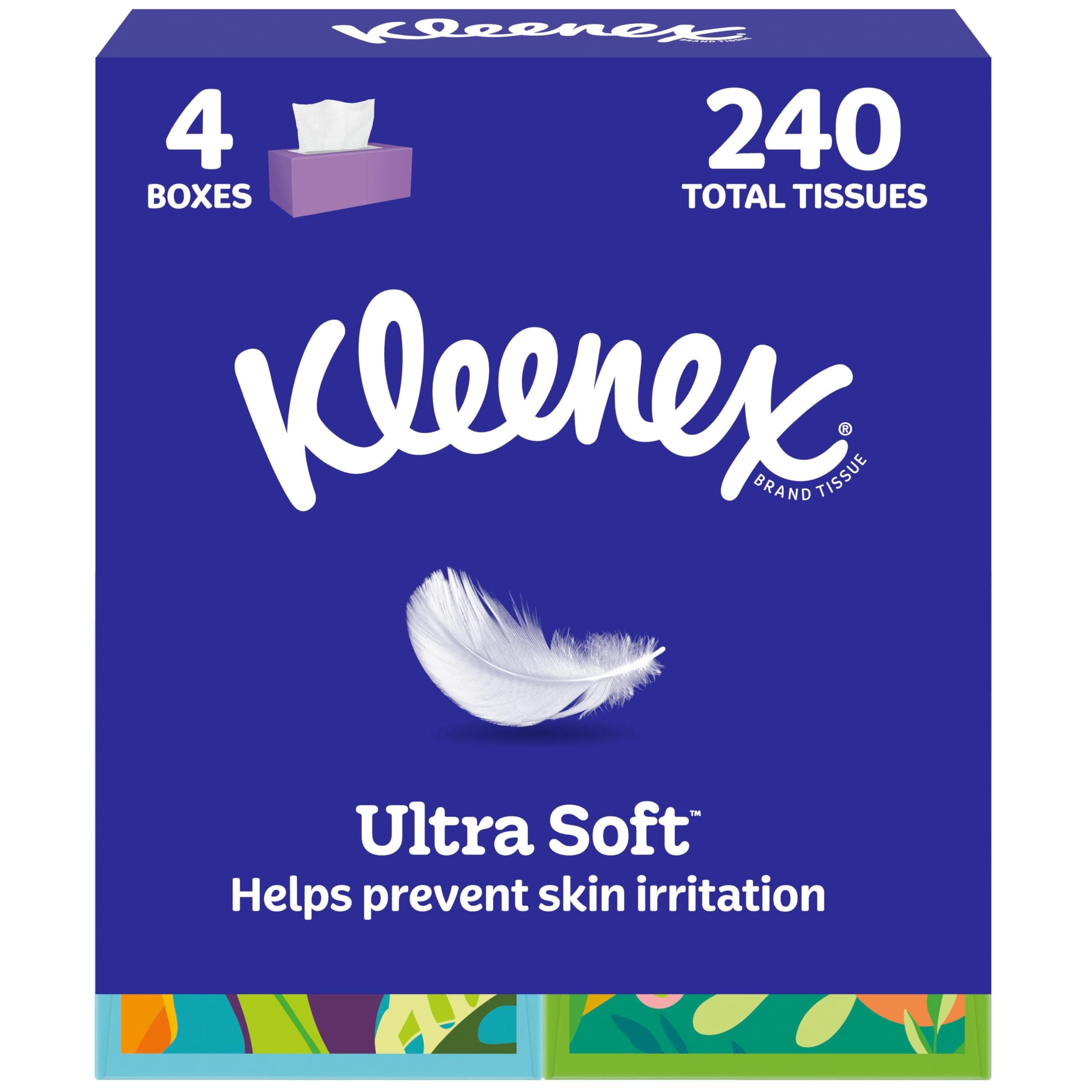 Kleenex Ultra Soft Facial Tissues, 4 Cube Boxes, 60 Tissues per Box, 3-Ply (240 Total), Packaging May Vary