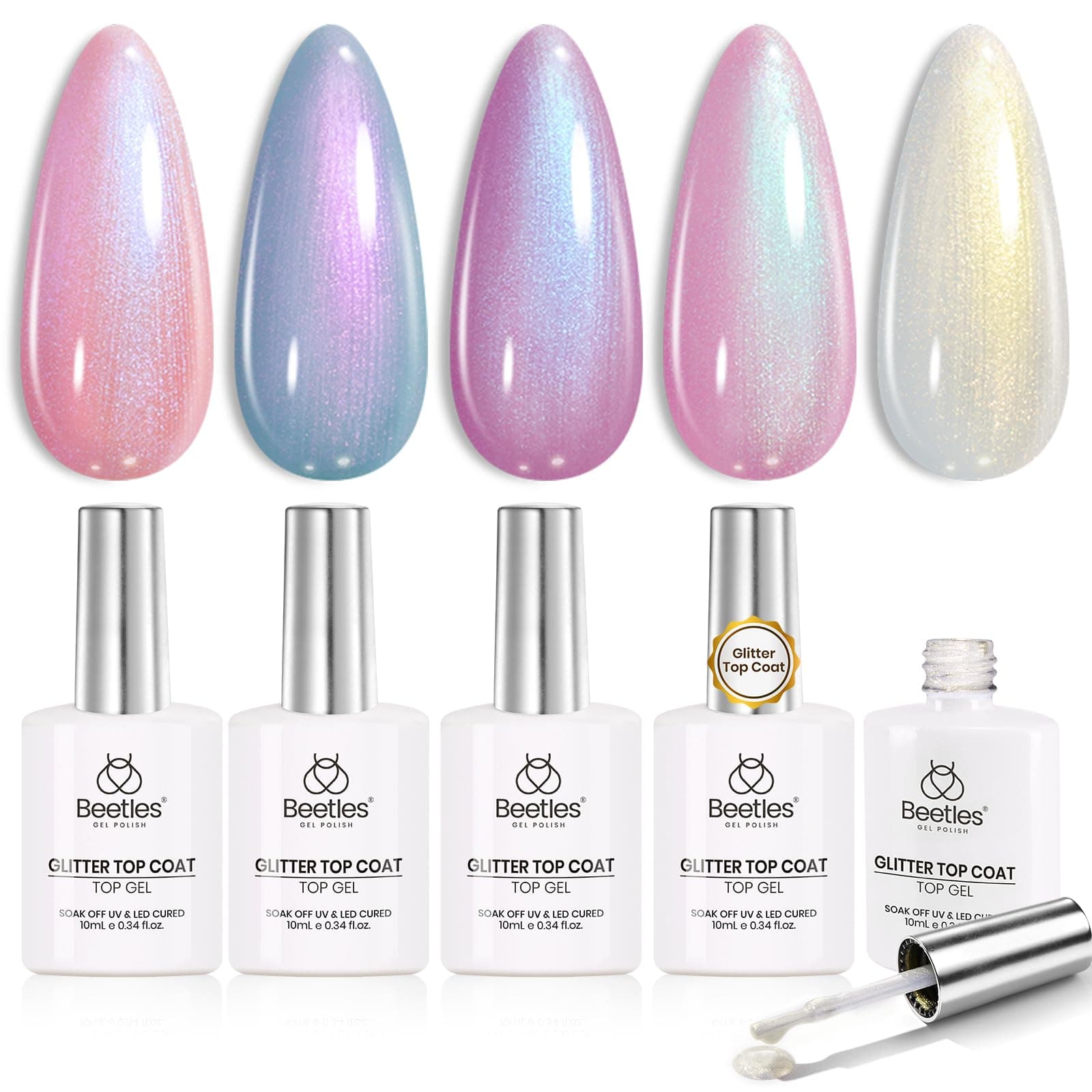 Beetles Pearl Glitter Top Coat Set, 5 Colors Iridescent Pastel Shimmer Mermaid Glossy Top Coat Gel Polish Shiny Long-Lasting No Wipe Soak Off UV LED Nail Art Gifts for Women