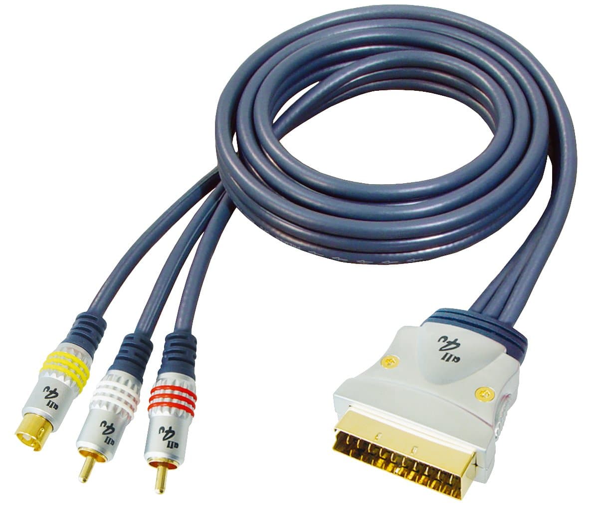 All4u BBVS 8 Video Cable Scart Male to 4-Pin Hosiden Male and 2x RCA Male/Scart to RCA/Chromed Full Metal Plug / 10 m Blue