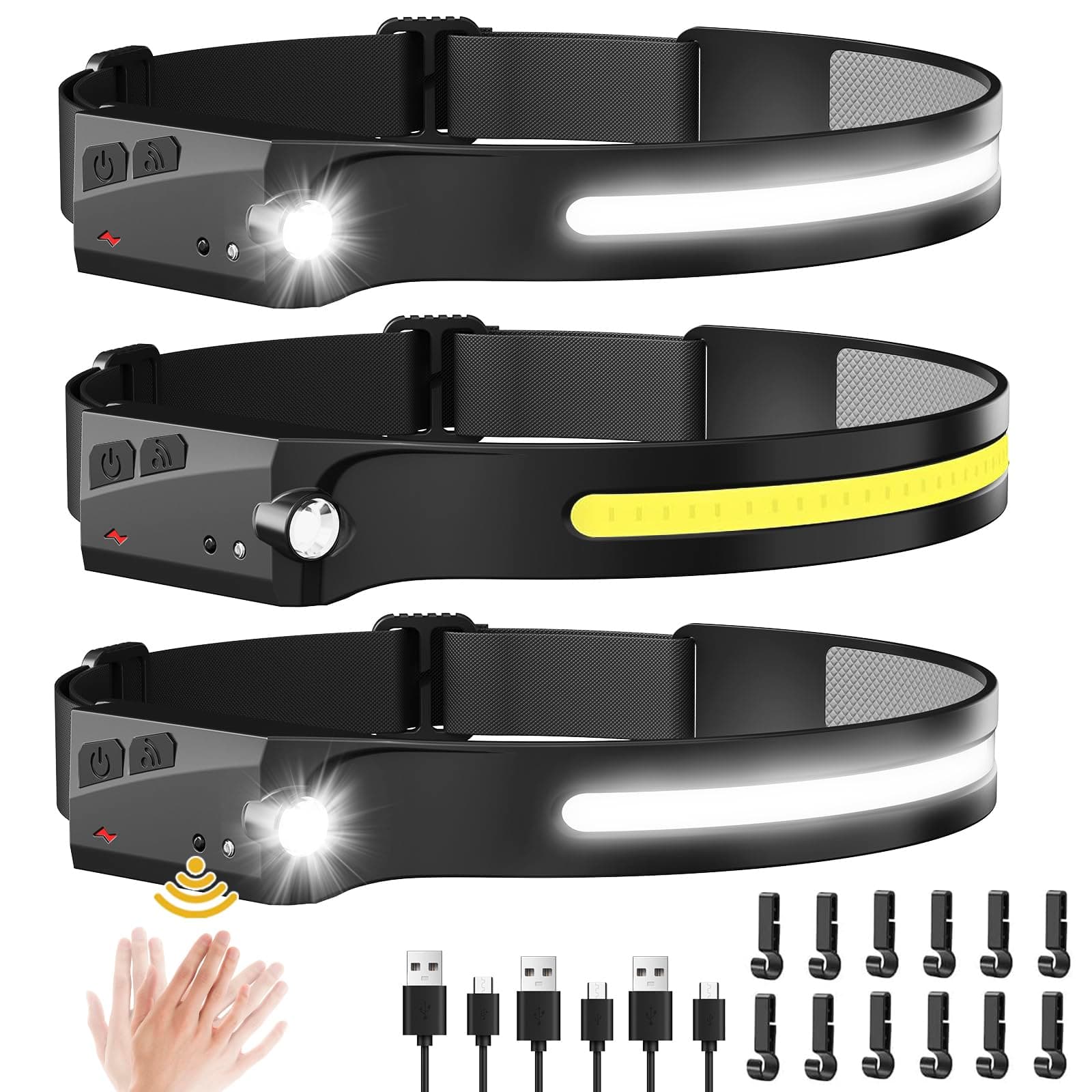 Rechargeable Headlamp 3PCS, LED HeadLamp Flashlight with Motion Sensor 230°Wide Beam, 5 Light Modes, Waterproof, Ultralight Portable Sport Headlight for Running Hunting Hiking Camping Accessories Gear